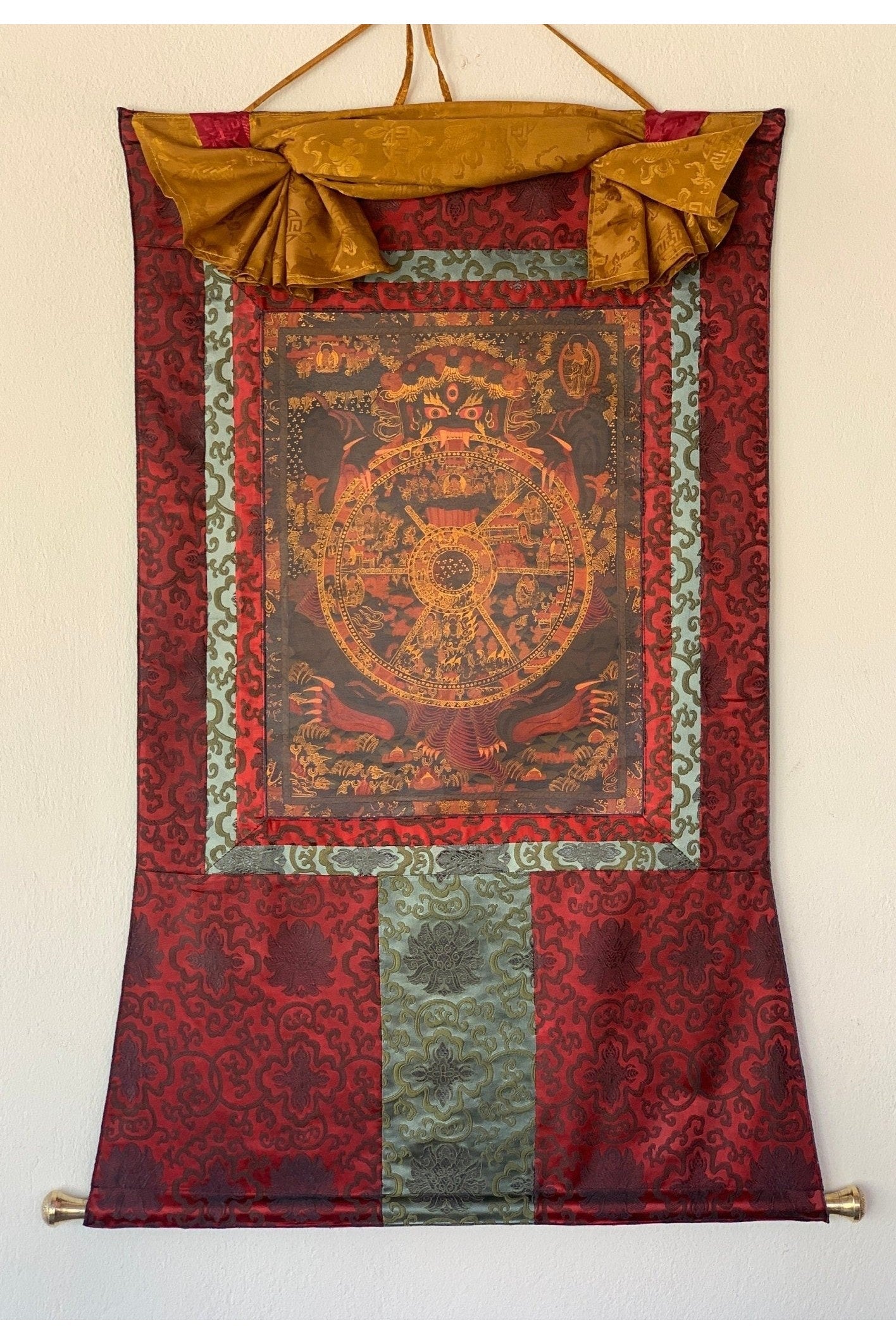 Riduk, Wheel of Life, Bhavacakra, Kalachakra Mandala, Thangka Painting, Original Art with Silk Brocade - Tibetan Thangka Art