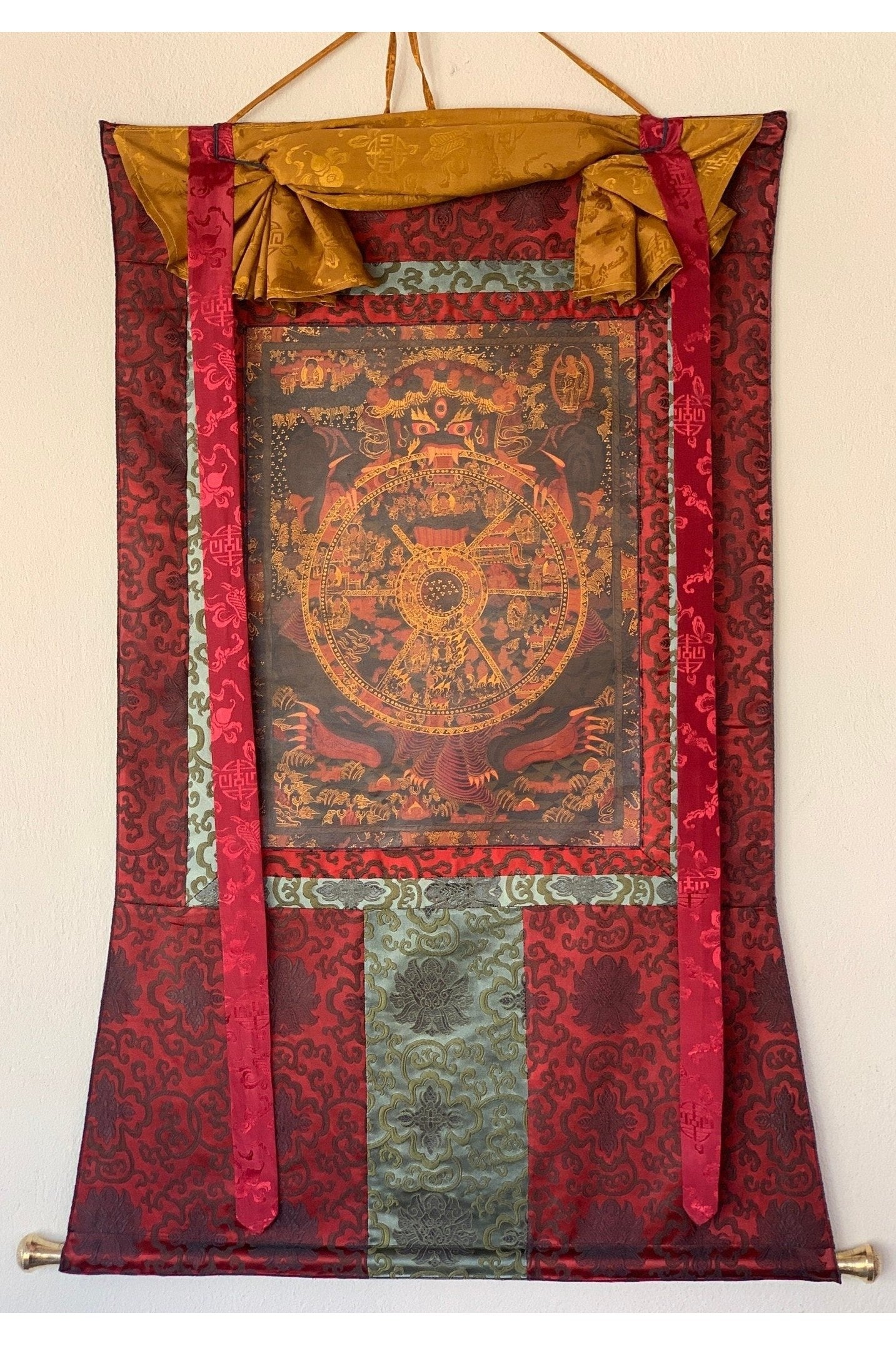 Riduk, Wheel of Life, Bhavacakra, Kalachakra Mandala, Thangka Painting, Original Art with Silk Brocade - Tibetan Thangka Art