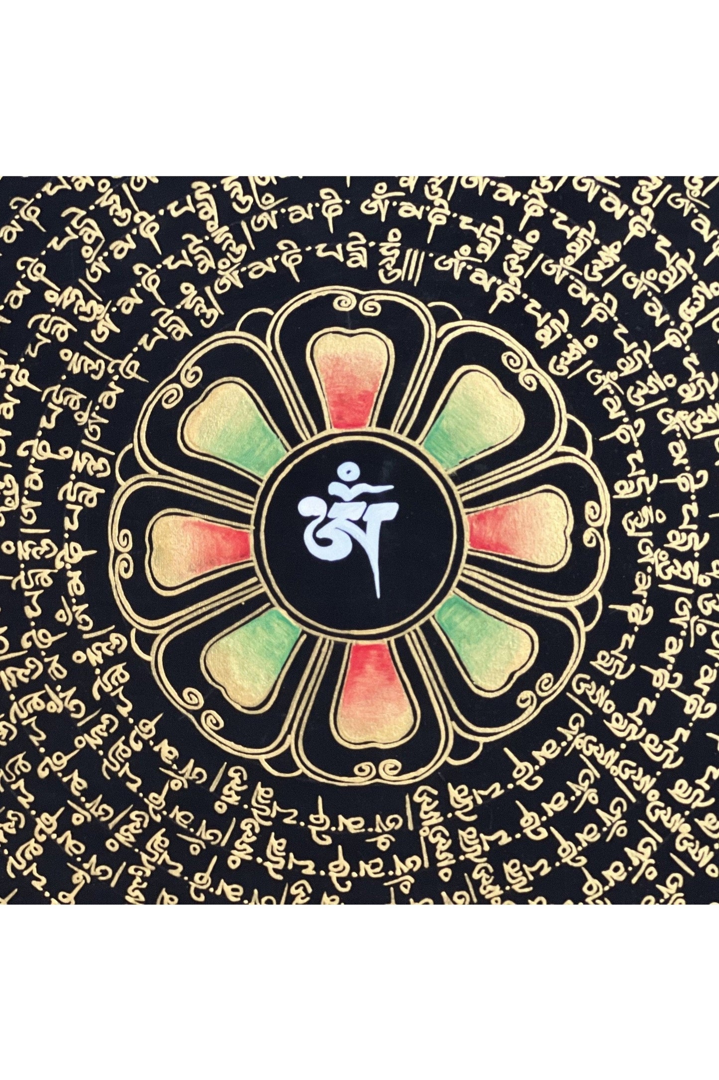 Sacred Mantra Om Mani Padme Hum Mandala Black and Gold Tibetan Thangka Painting Original Hand Painted Buddhist Meditation Art - Tibetan Thangka Art