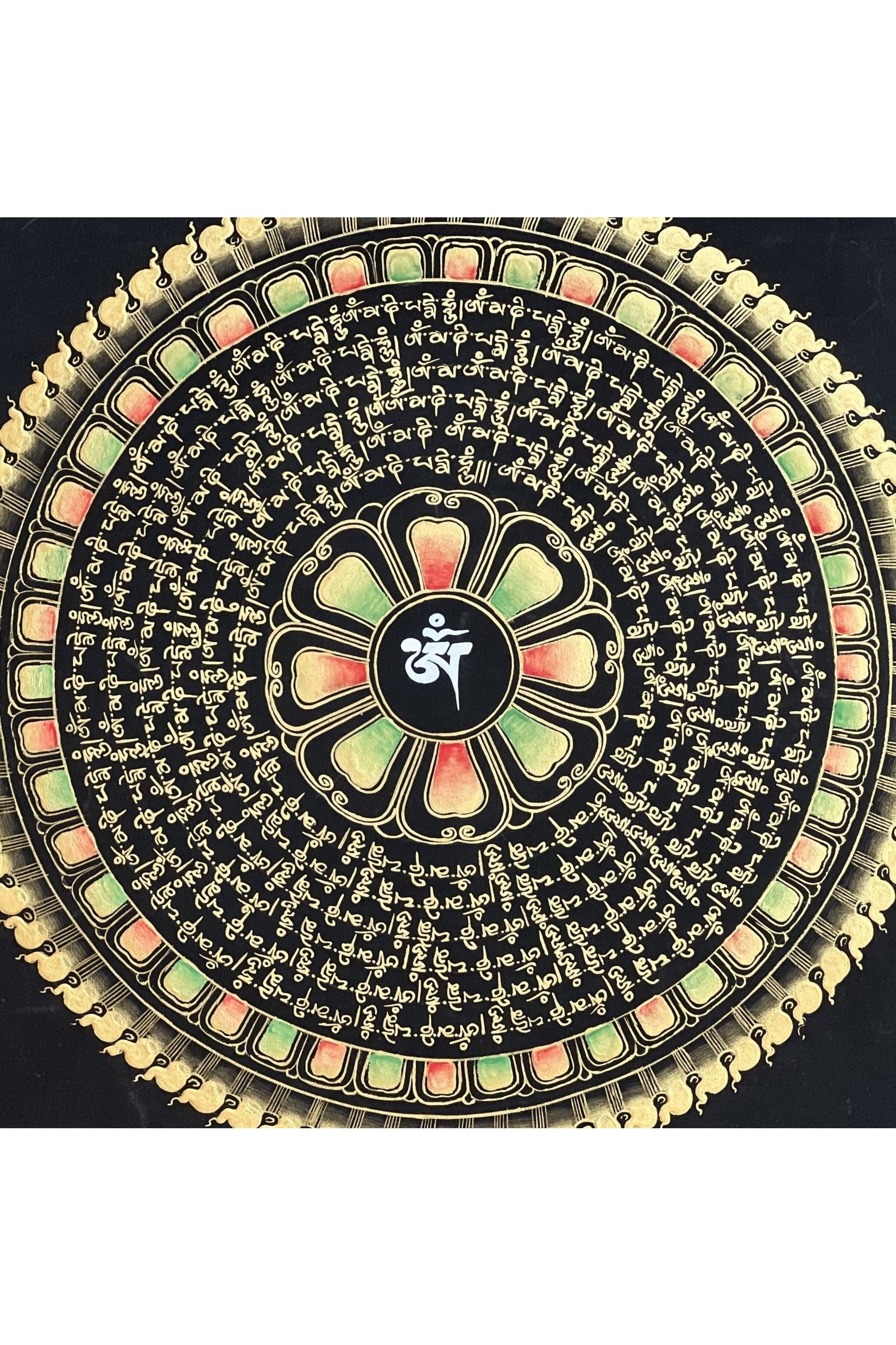 Sacred Mantra Om Mani Padme Hum Mandala Black and Gold Tibetan Thangka Painting Original Hand Painted Buddhist Meditation Art - Tibetan Thangka Art