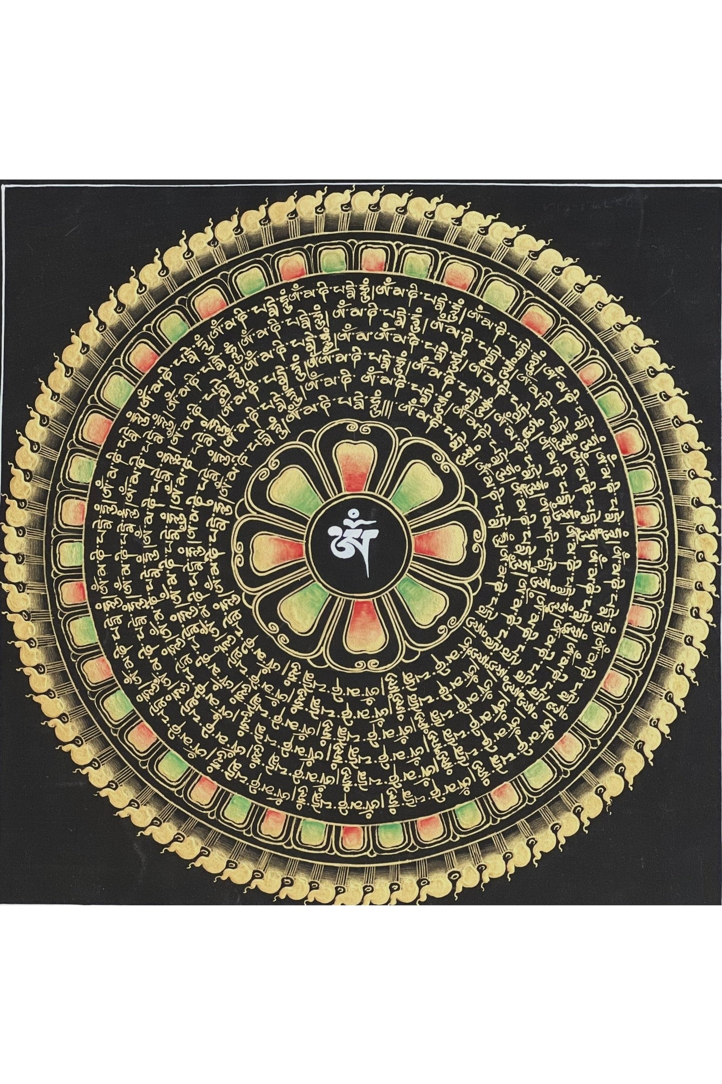 Sacred Mantra Om Mani Padme Hum Mandala Black and Gold Tibetan Thangka Painting Original Hand Painted Buddhist Meditation Art - Tibetan Thangka Art