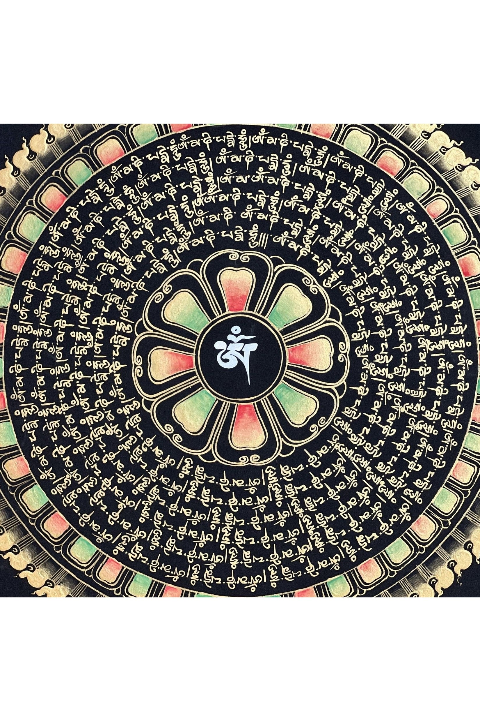 Sacred Mantra Om Mani Padme Hum Mandala Black and Gold Tibetan Thangka Painting Original Hand Painted Buddhist Meditation Art - Tibetan Thangka Art