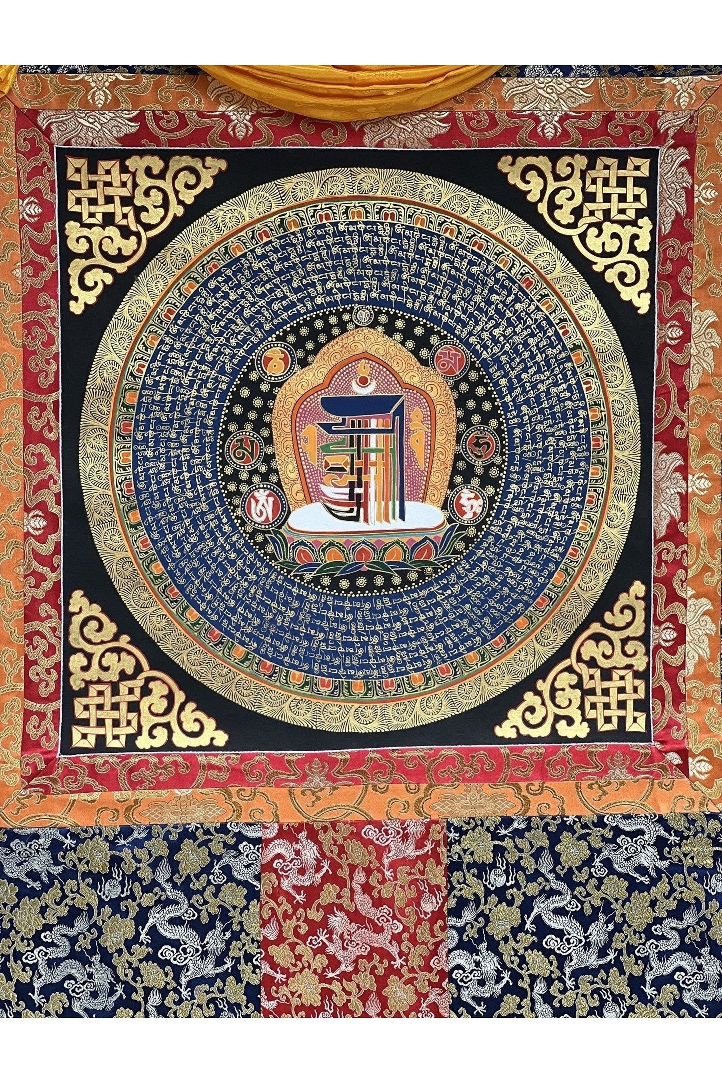 Sacred Symbol Kalachakra Wheel of Time Mantra Mandala Meditation Thangka Painting Wall Hanging/Home Décor Original Art with Silk Brocade - Tibetan Thangka Art