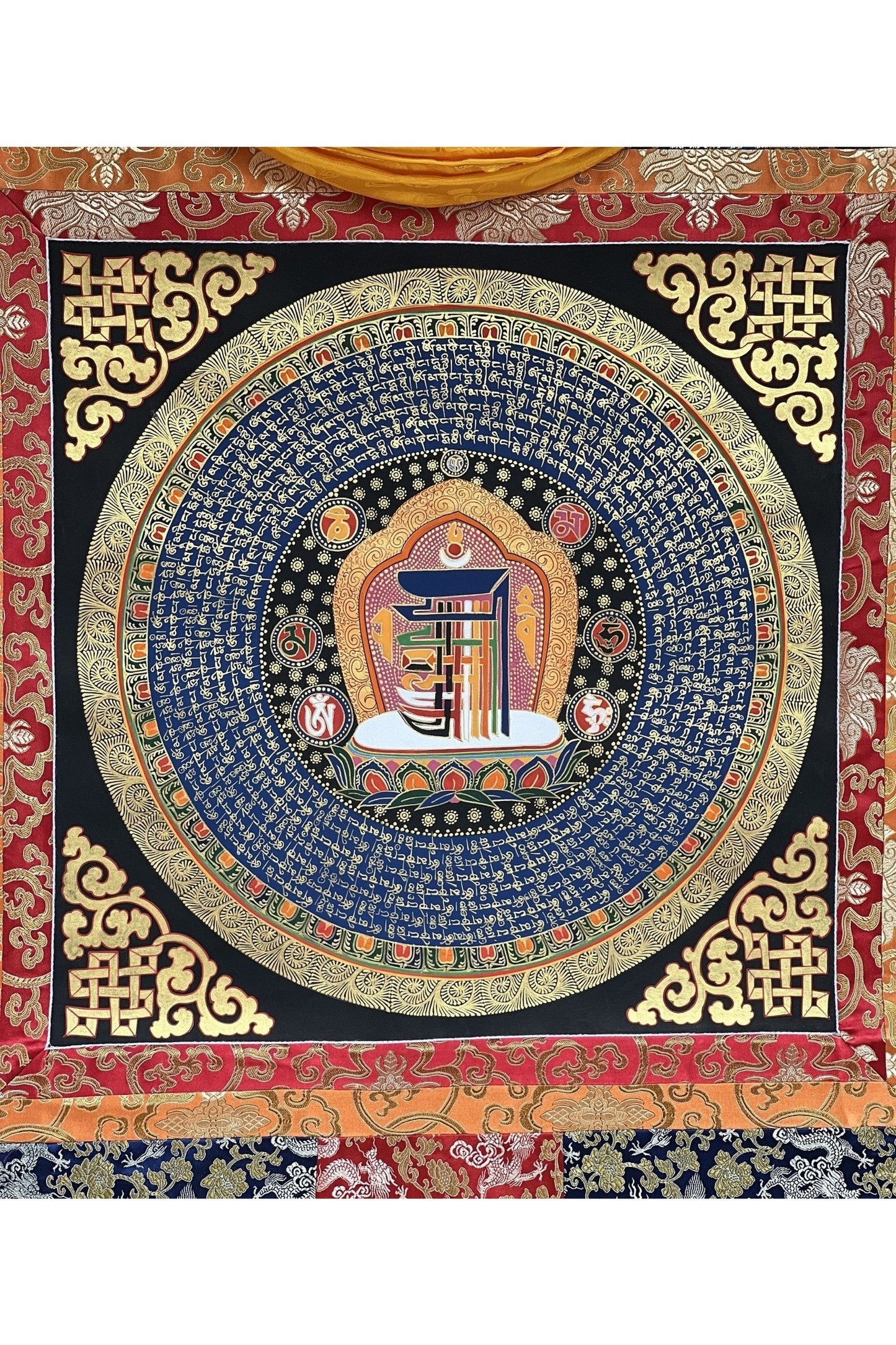 Sacred Symbol Kalachakra Wheel of Time Mantra Mandala Meditation Thangka Painting Wall Hanging/Home Décor Original Art with Silk Brocade - Tibetan Thangka Art