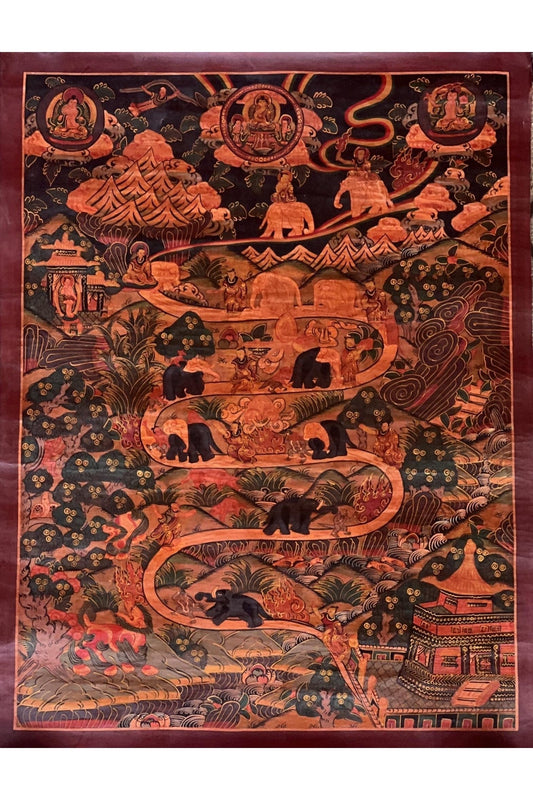 Samatha Elephant Path Meditation Way to Heaven Old OIL - VARNISHED Tibetan Thangka Painting Original Buddhist Meditation Art/ Wall Hanging - Tibetan Thangka Art