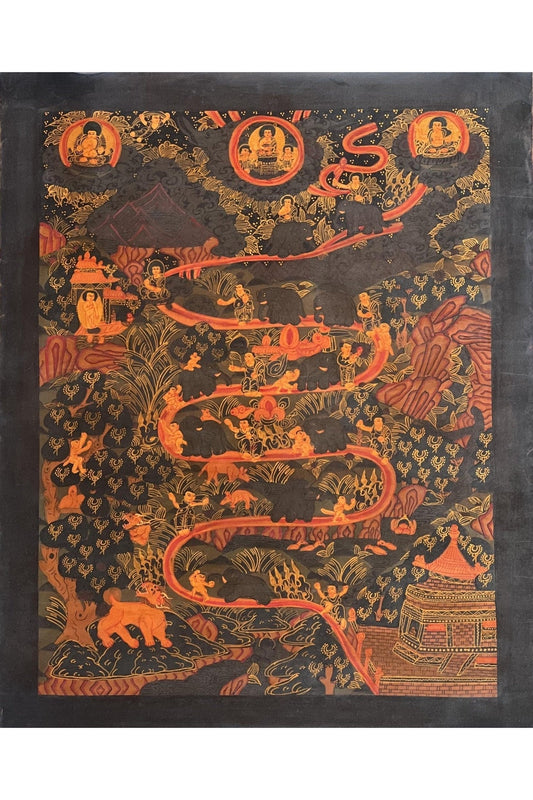 Samatha Meditation/ Elephant Path/ Way to Heaven Oil Varnished Tibetan Thangka / Original Hand Painting/ Meditation Art/ Wall Hanging - Tibetan Thangka Art