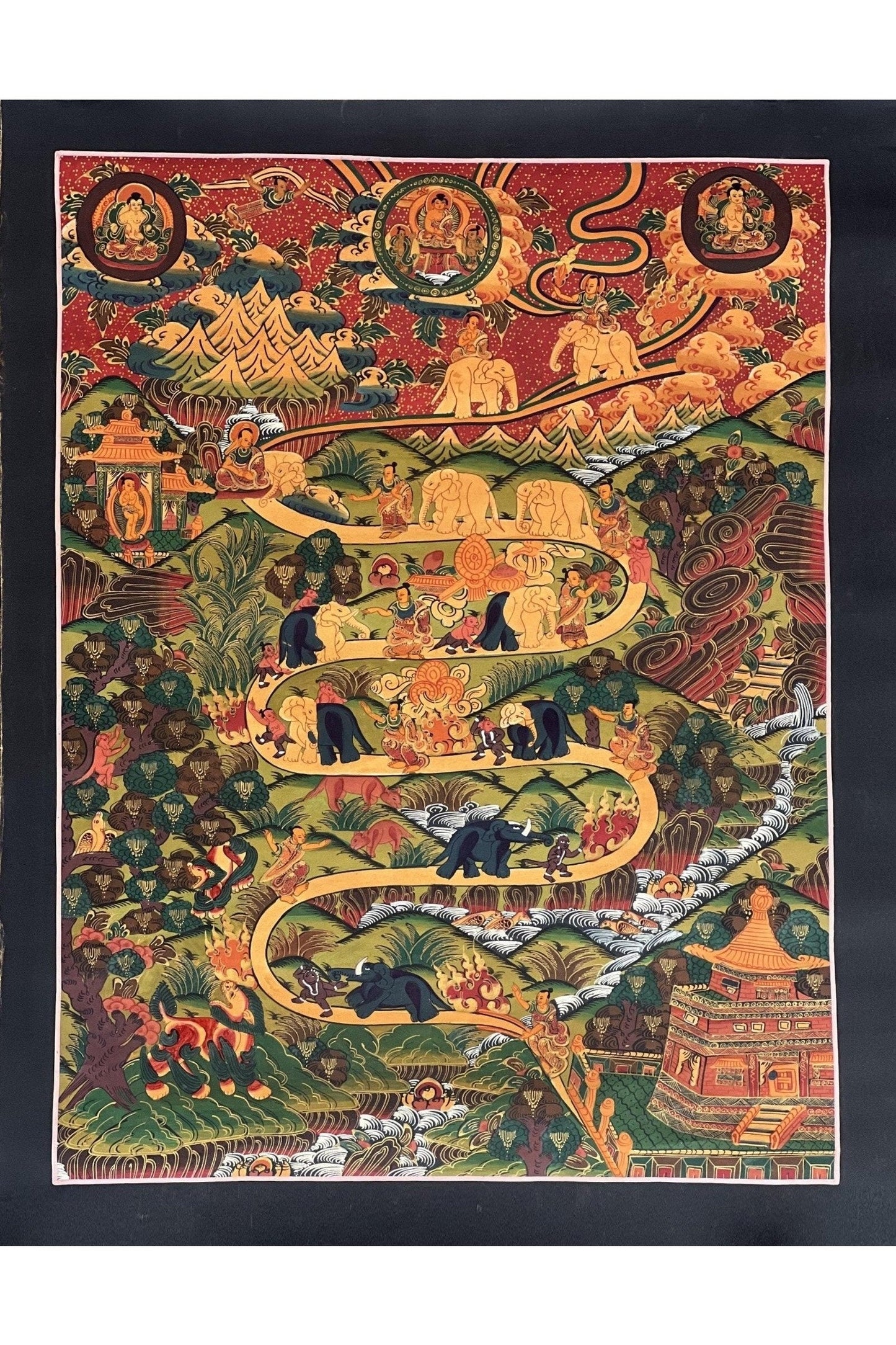 Samatha Meditation Elephant Path Way to Heaven/Nirvana Original Tibetan Thangka Painting Buddhist Meditation Art/ Wall Hanging from Nepal - Tibetan Thangka Art