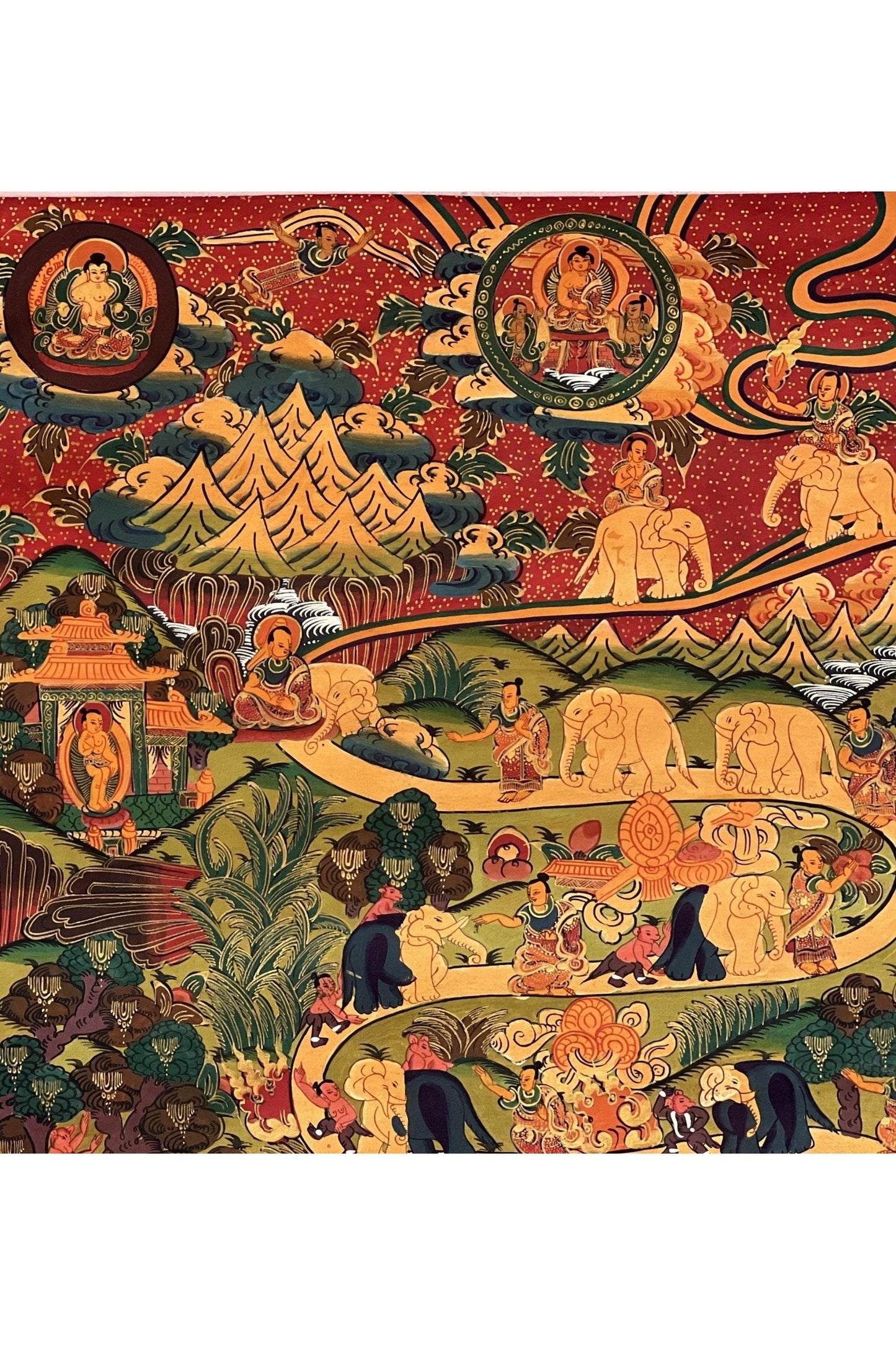 Samatha Meditation Elephant Path Way to Heaven/Nirvana Original Tibetan Thangka Painting Buddhist Meditation Art/ Wall Hanging from Nepal - Tibetan Thangka Art