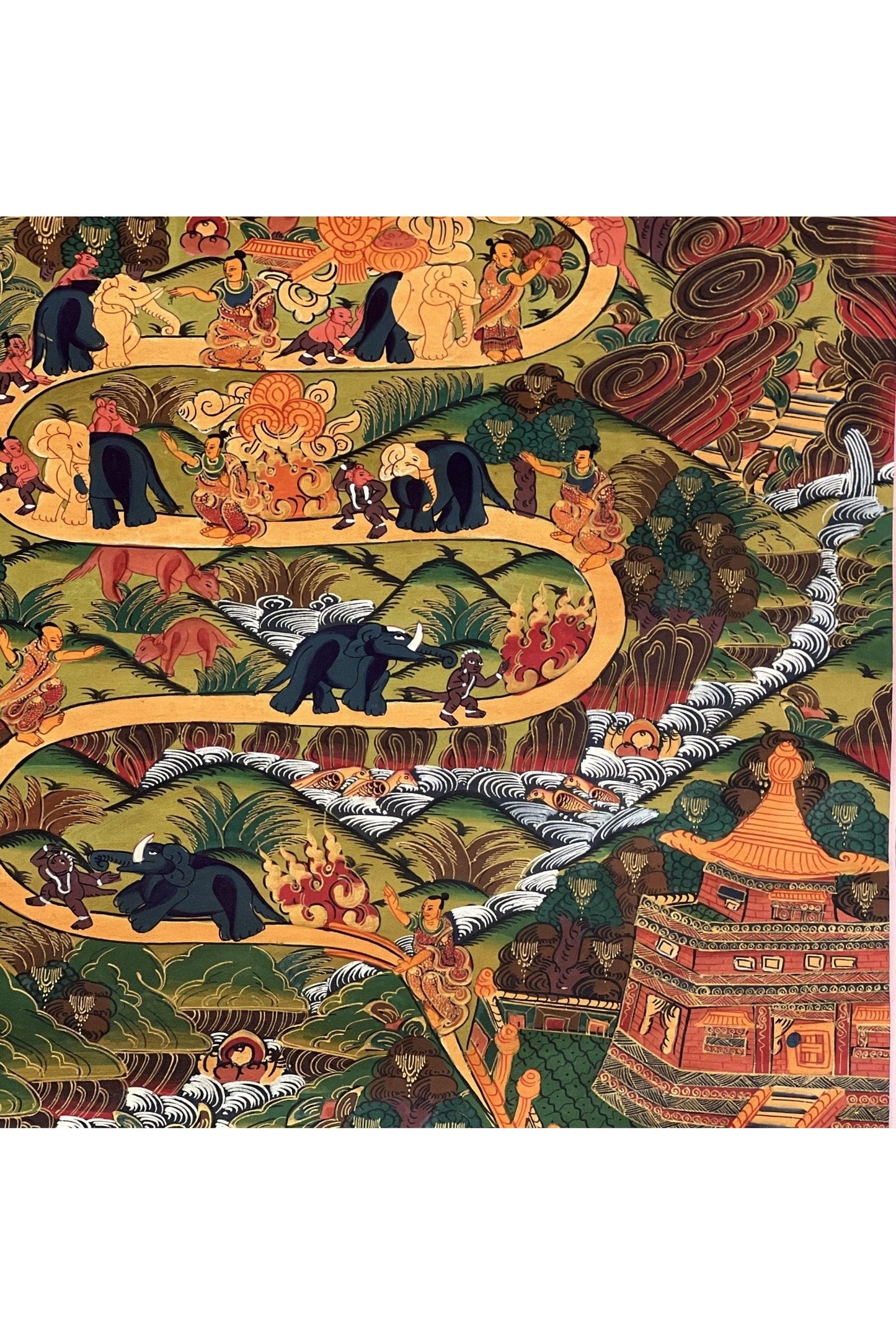 Samatha Meditation Elephant Path Way to Heaven/Nirvana Original Tibetan Thangka Painting Buddhist Meditation Art/ Wall Hanging from Nepal - Tibetan Thangka Art