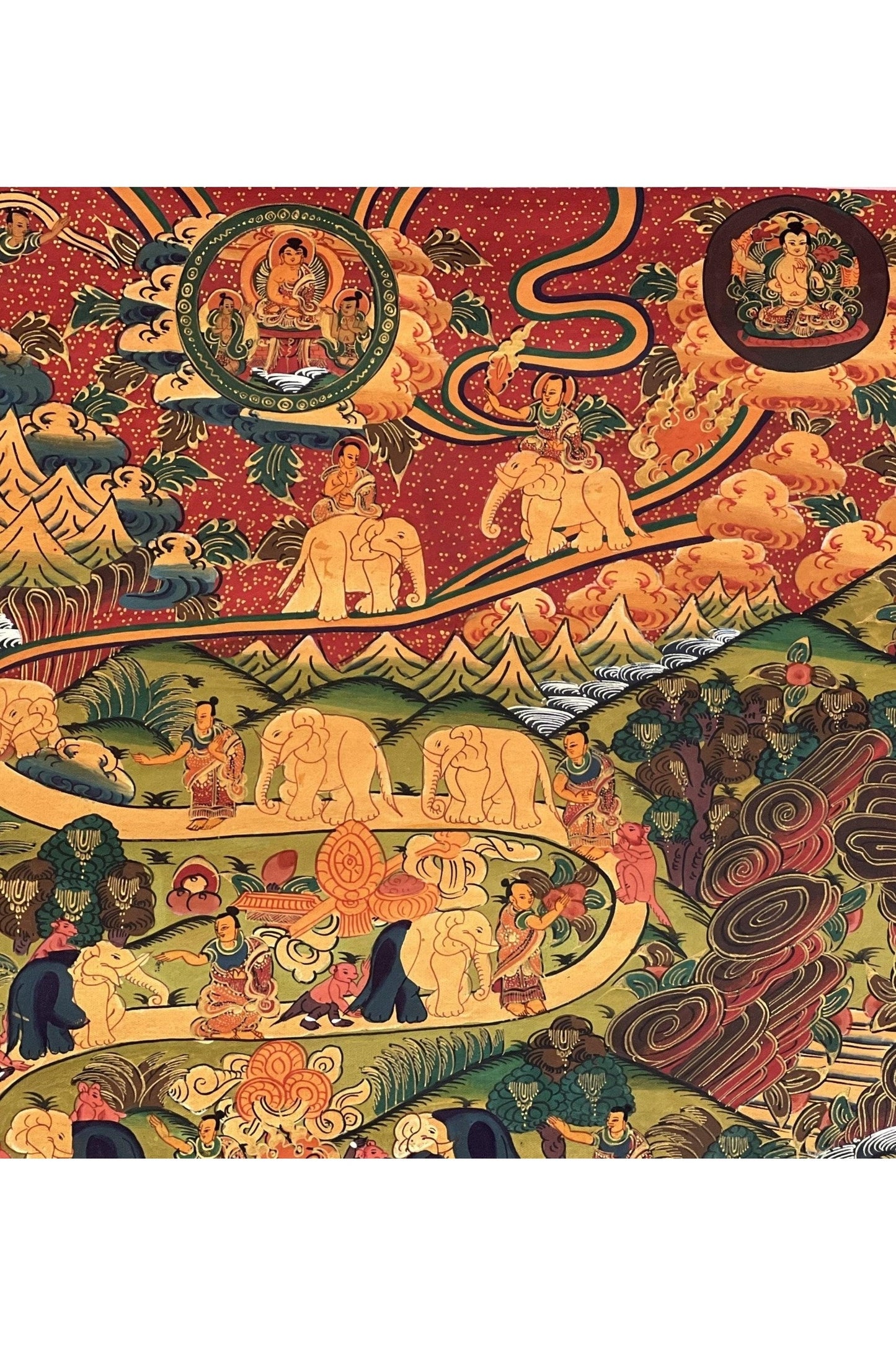 Samatha Meditation Elephant Path Way to Heaven/Nirvana Original Tibetan Thangka Painting Buddhist Meditation Art/ Wall Hanging from Nepal - Tibetan Thangka Art