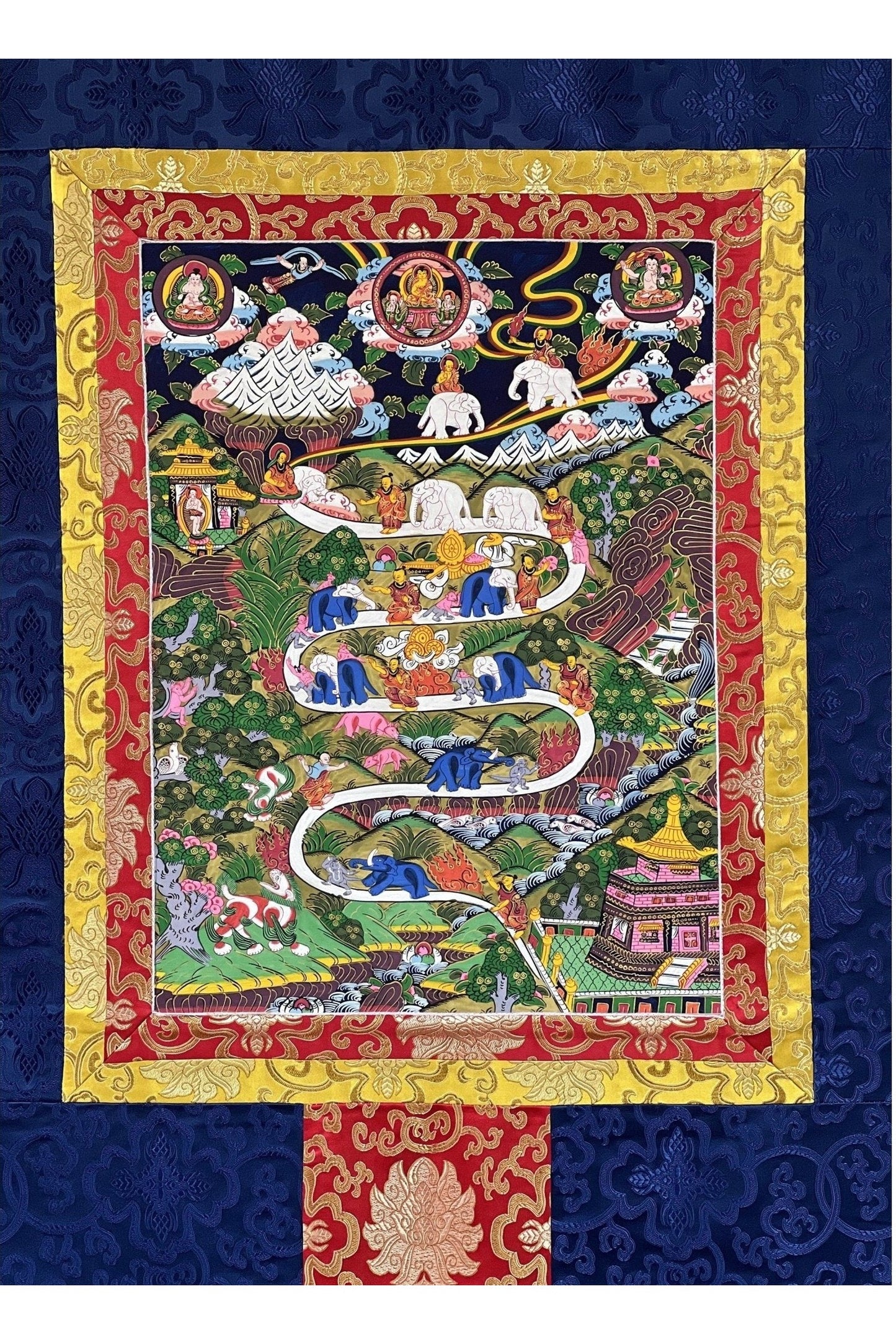 Samatha Meditation Way to Heaven/ Nirvana Master Quality Original Tibetan Thangka Painting with Silk Brocade - Tibetan Thangka Art