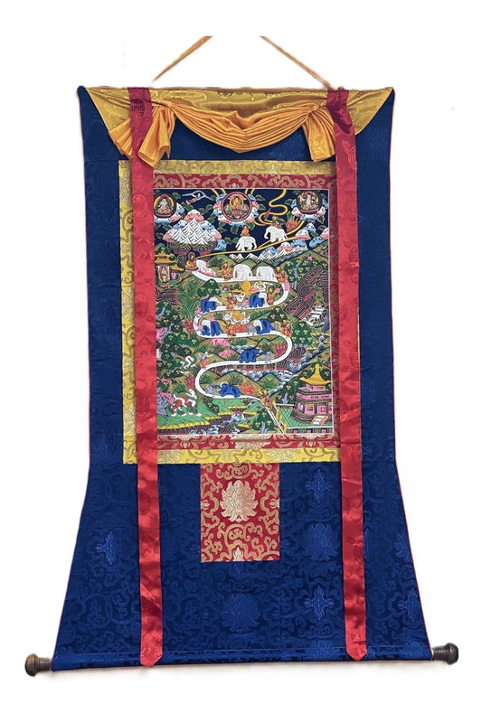 Samatha Meditation Way to Heaven/ Nirvana Master Quality Original Tibetan Thangka Painting with Silk Brocade - Tibetan Thangka Art