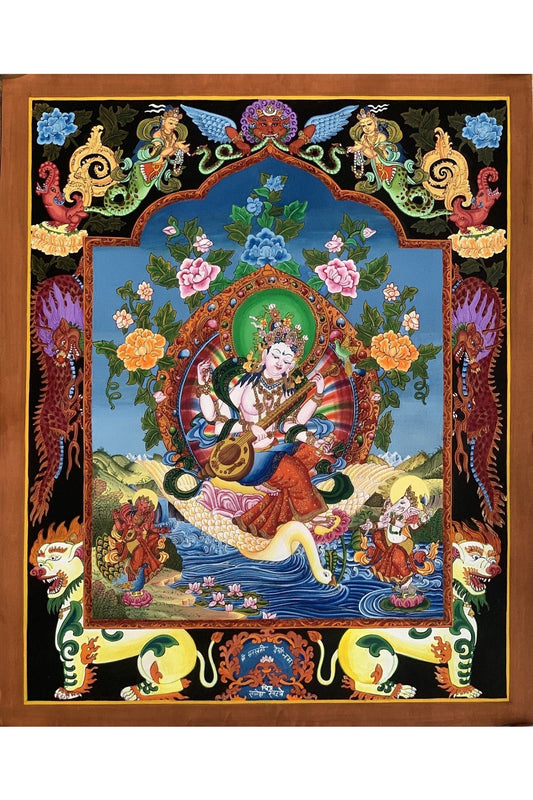 Saraswoti Goddess of Learning/ Music and Wisdom Newari Paubha/Pauva Thangka Painting Original Art 19 x 24 Inches - Tibetan Thangka Art