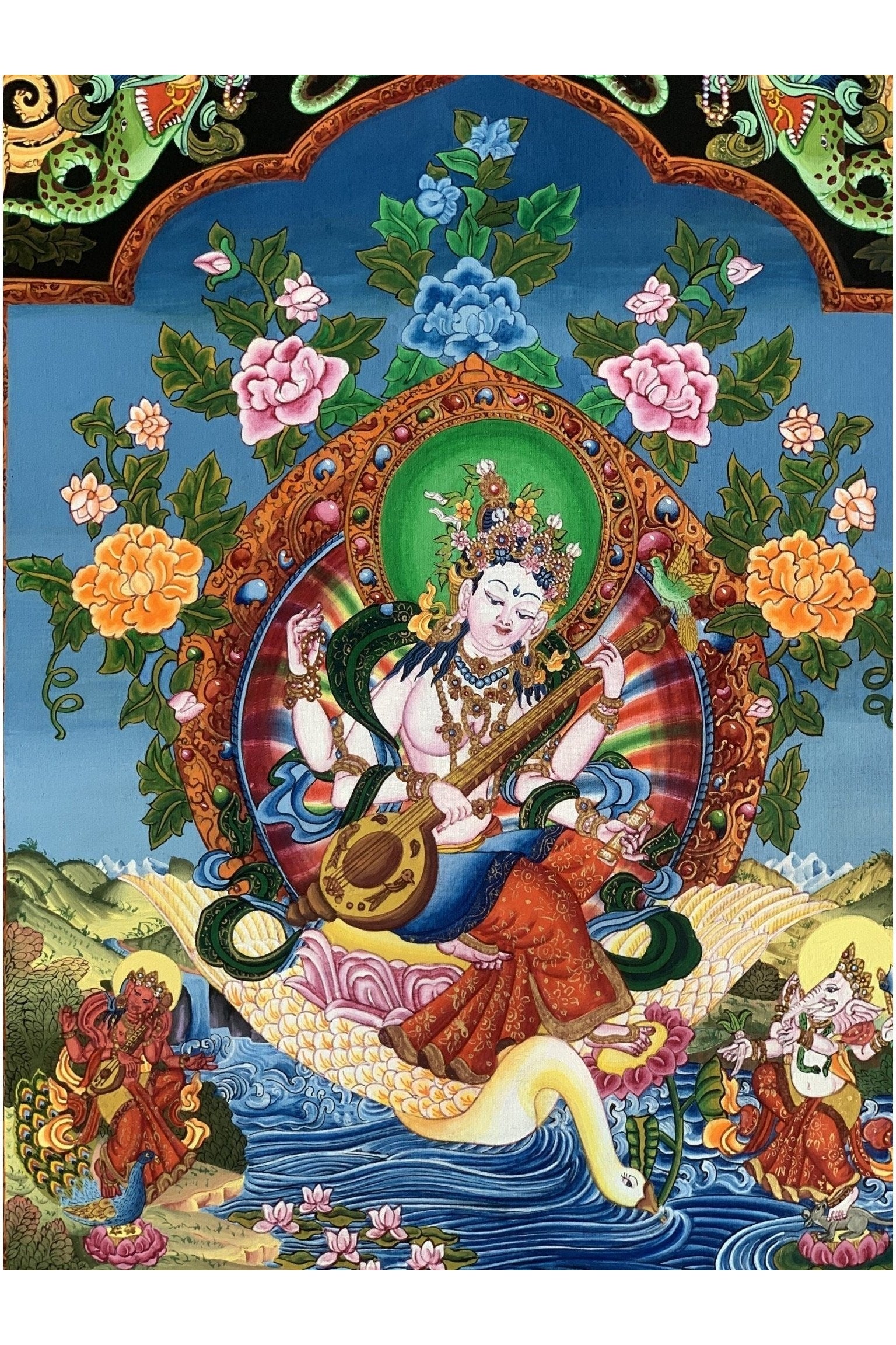 Saraswoti Goddess of Learning/ Music and Wisdom Newari Paubha/Pauva Thangka Painting Original Art 19 x 24 Inches - Tibetan Thangka Art