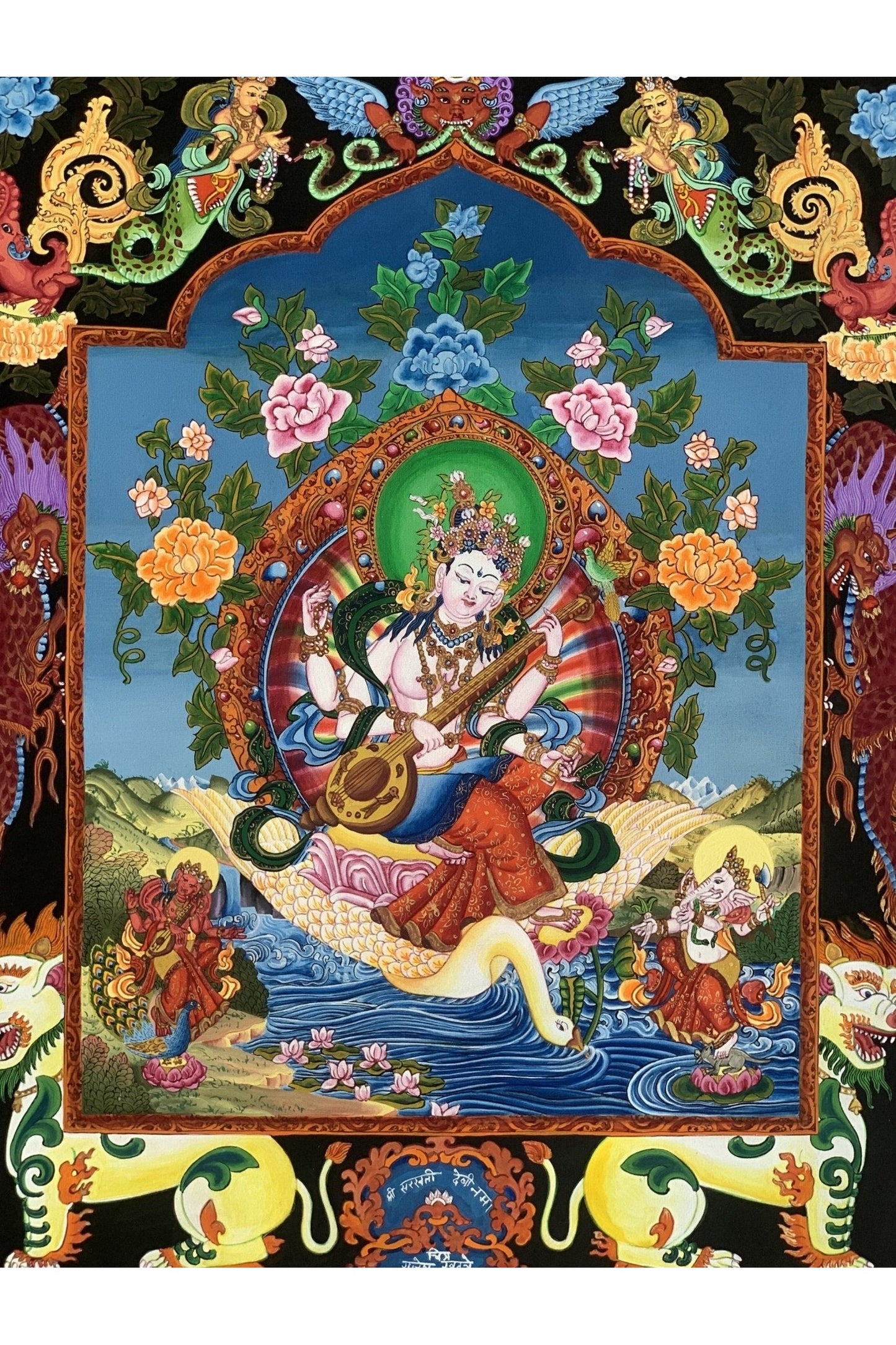 Saraswoti Goddess of Learning/ Music and Wisdom Newari Paubha/Pauva Thangka Painting Original Art 19 x 24 Inches - Tibetan Thangka Art