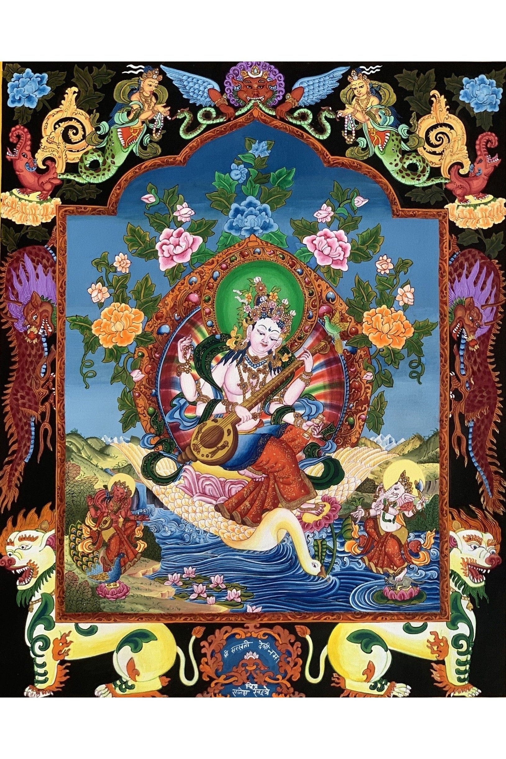 Saraswoti Goddess of Learning/ Music and Wisdom Newari Paubha/Pauva Thangka Painting Original Art 19 x 24 Inches - Tibetan Thangka Art