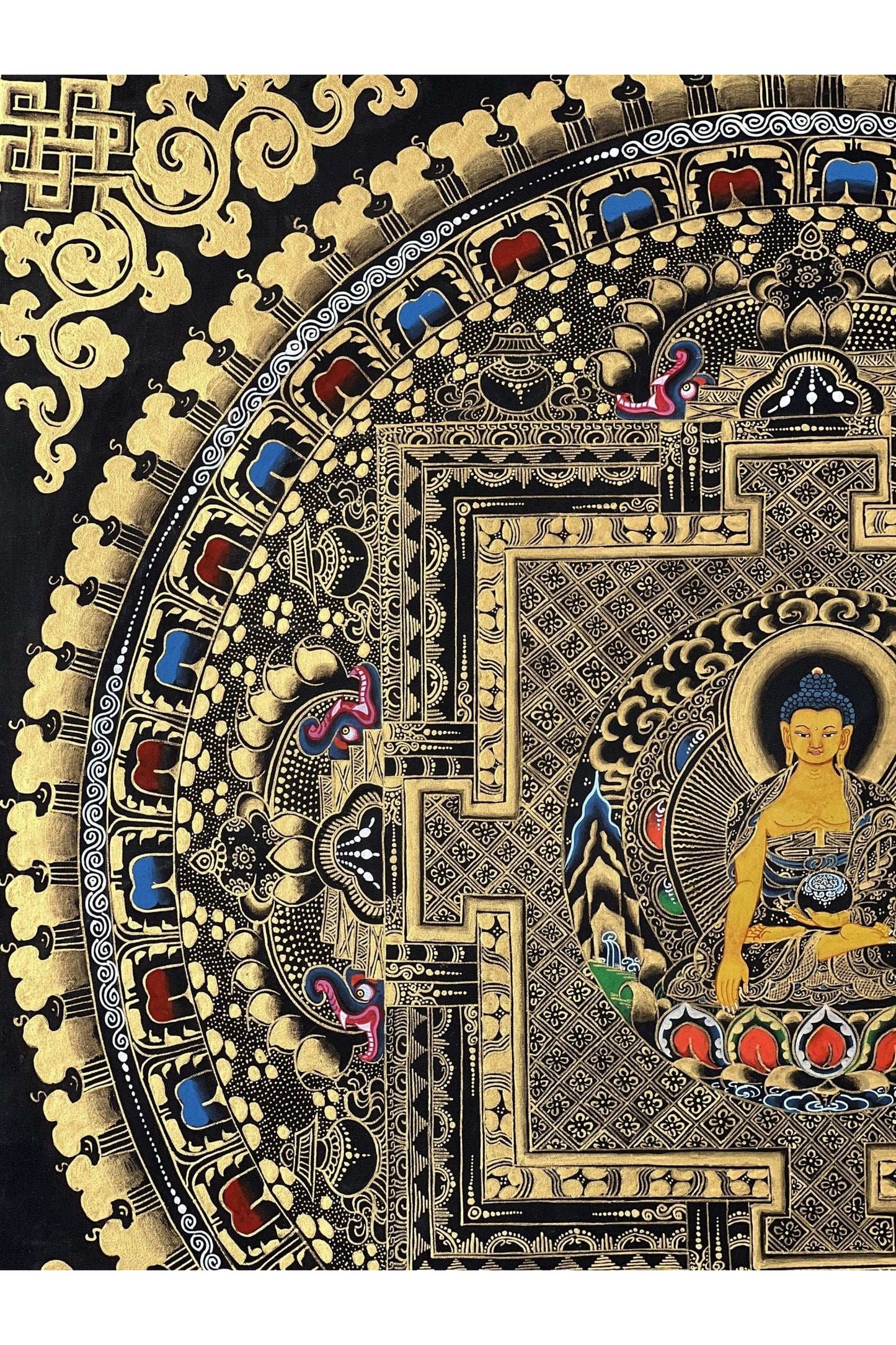 Shakyamuni Buddha Mandala Black and Gold Tibetan Thangka Painting Original Hand - Paining/Healing and Meditation Art/ Wall Hanging - Tibetan Thangka Art