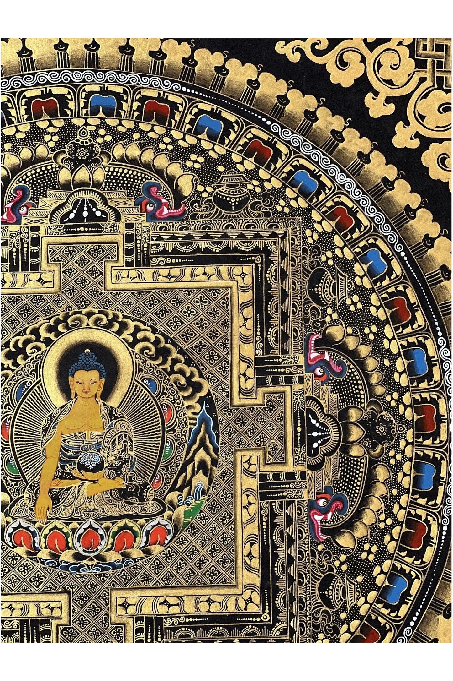 Shakyamuni Buddha Mandala Black and Gold Tibetan Thangka Painting Original Hand - Paining/Healing and Meditation Art/ Wall Hanging - Tibetan Thangka Art