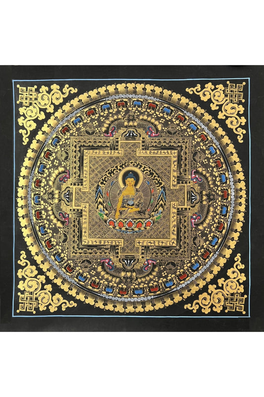 Shakyamuni Buddha Mandala Black and Gold Tibetan Thangka Painting Original Hand - Paining/Healing and Meditation Art/ Wall Hanging - Tibetan Thangka Art