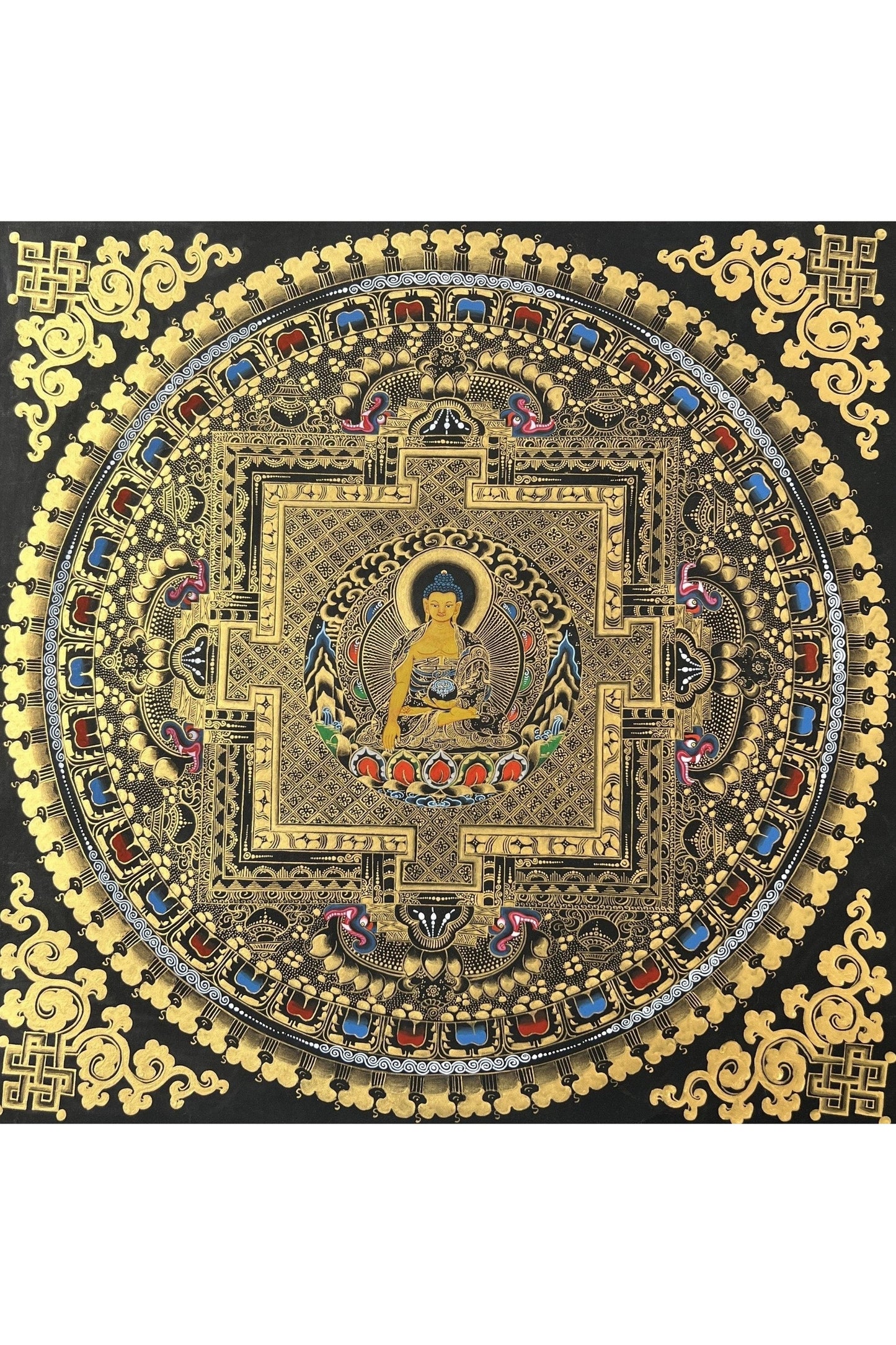 Shakyamuni Buddha Mandala Black and Gold Tibetan Thangka Painting Original Hand - Paining/Healing and Meditation Art/ Wall Hanging - Tibetan Thangka Art