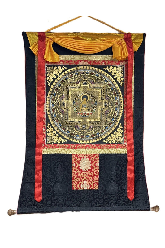 Shakyamuni Buddha Mandala Black and Gold Tibetan Thangka Painting Original Hand - Paining/Meditation Art/ Wall Hanging with Silk Brocade - Tibetan Thangka Art