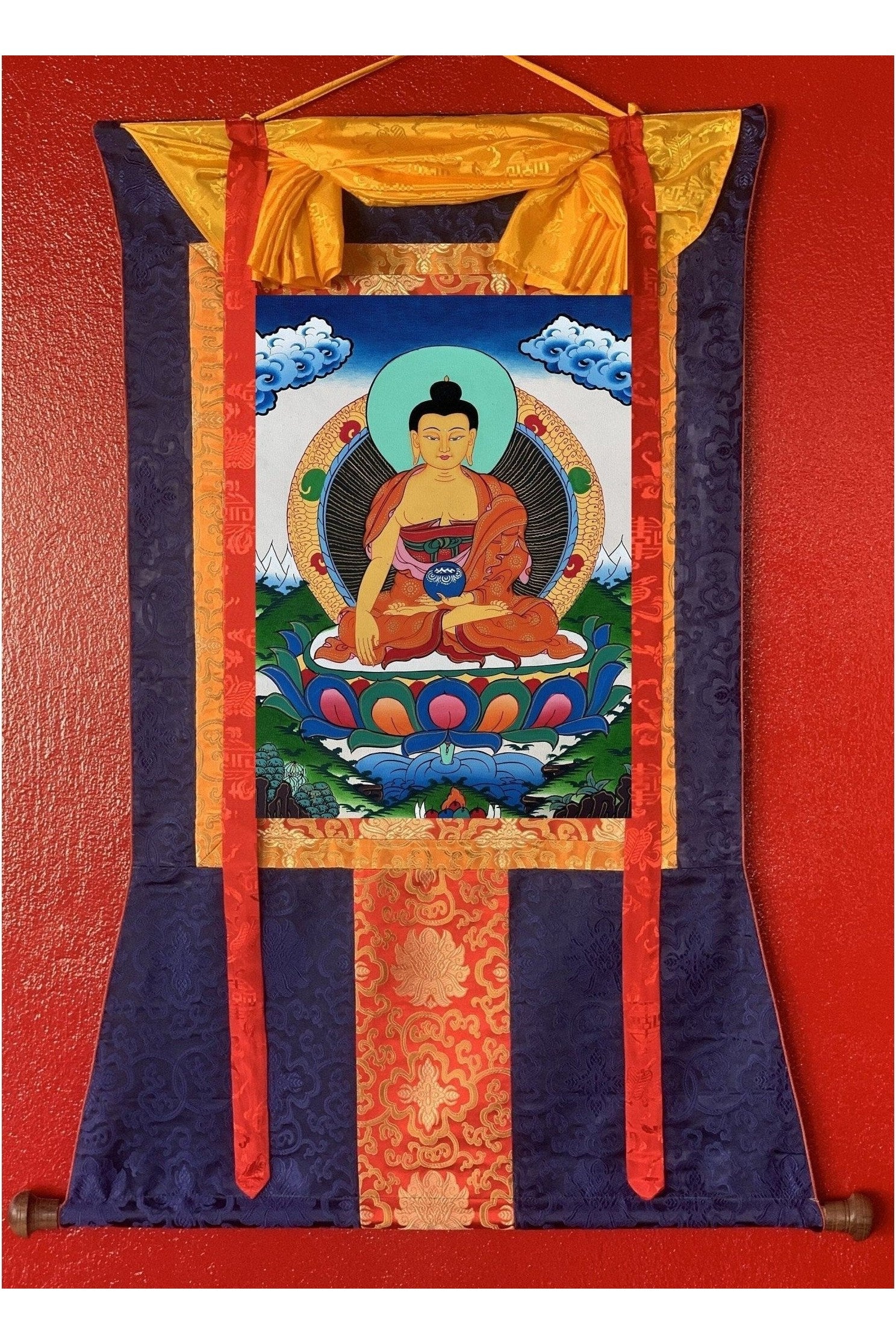 Shakyamuni Buddha Siddhartha Gautama Founder of Buddha Dharma, BORN in Lumbini Nepal Original Tibetan Thangka Painting with Silk Border - Tibetan Thangka Art