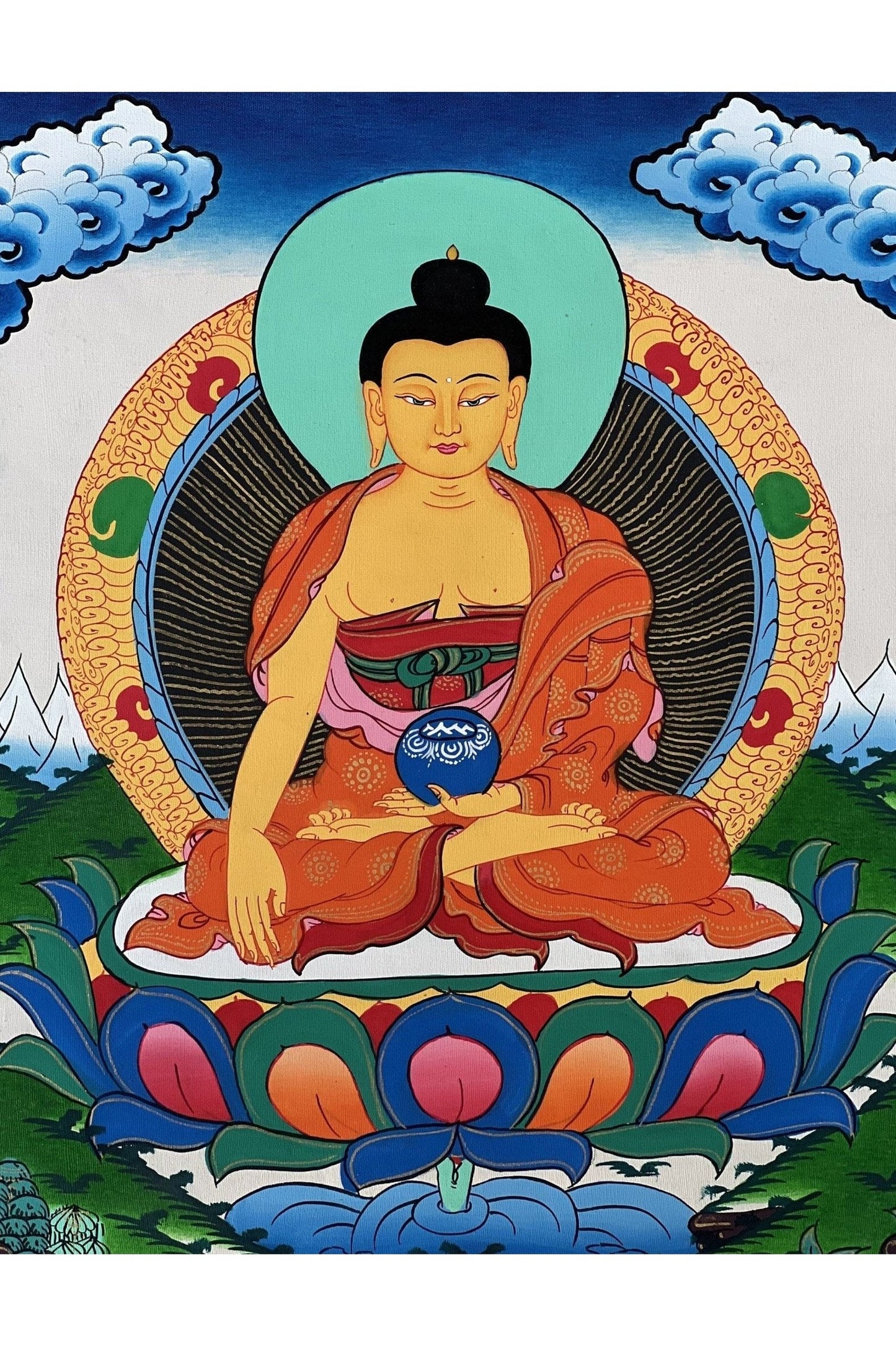 Shakyamuni Buddha Siddhartha Gautama Founder of Buddha Dharma, BORN in Lumbini Nepal Original Tibetan Thangka Painting with Silk Border - Tibetan Thangka Art