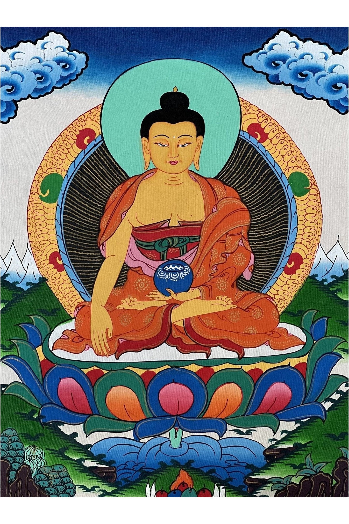 Shakyamuni Buddha Siddhartha Gautama Founder of Buddha Dharma, BORN in Lumbini Nepal Original Tibetan Thangka Painting with Silk Border - Tibetan Thangka Art