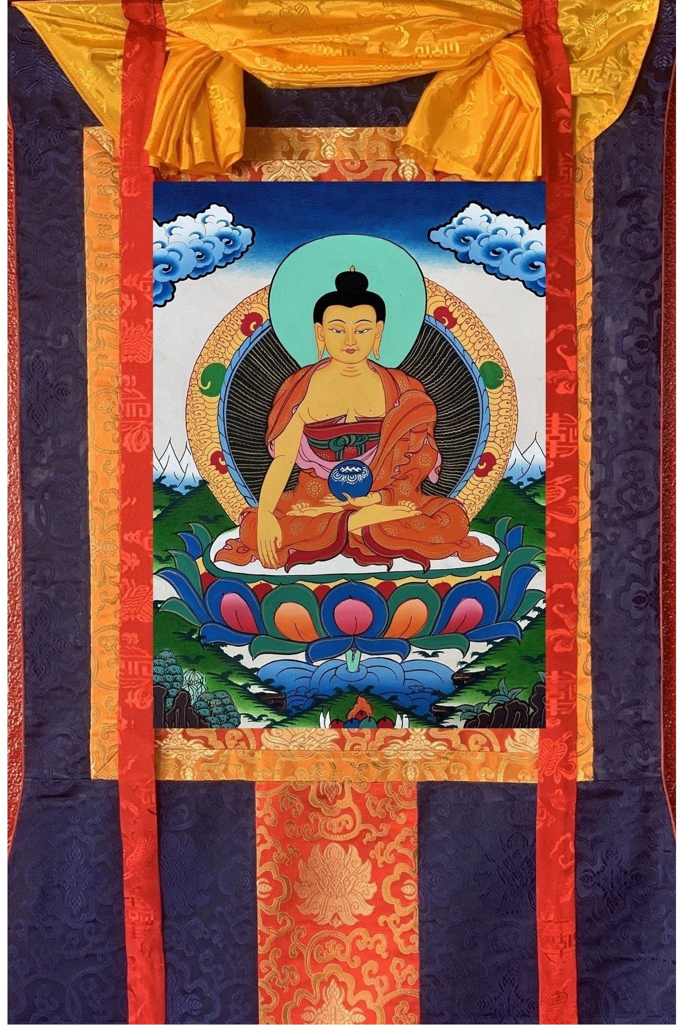 Shakyamuni Buddha Siddhartha Gautama Founder of Buddha Dharma, BORN in Lumbini Nepal Original Tibetan Thangka Painting with Silk Border - Tibetan Thangka Art