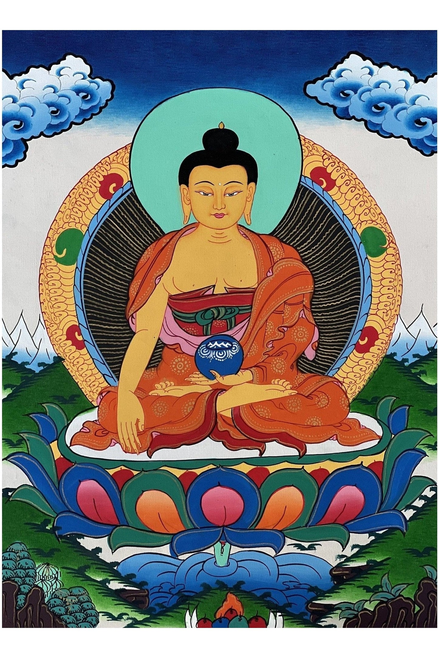 Shakyamuni Buddha Siddhartha Gautama Founder of Buddha Dharma, BORN in Lumbini Nepal Original Tibetan Thangka Painting with Silk Border - Tibetan Thangka Art