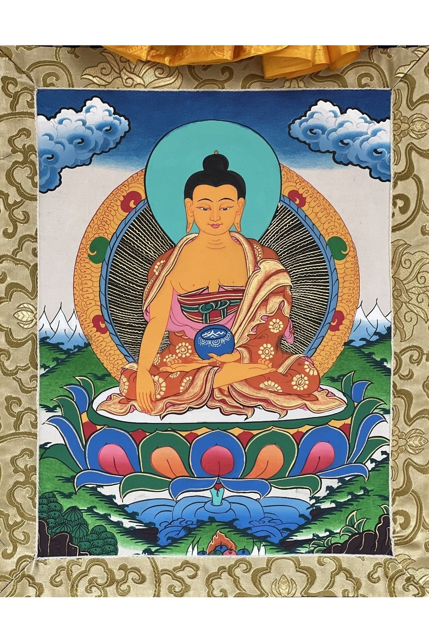 Shakyamuni Buddha/ Siddhartha Gautama Tibetan Thangka Painting/ Original Hand Painting/ Buddhist Art with Silk Frame ( Brocade) - Tibetan Thangka Art