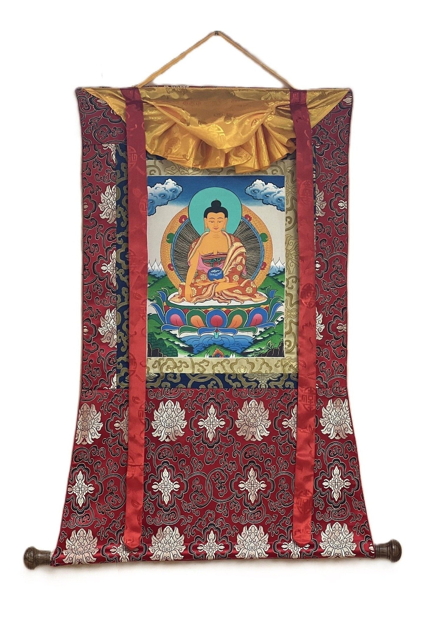 Shakyamuni Buddha/ Siddhartha Gautama Tibetan Thangka Painting/ Original Hand Painting/ Buddhist Art with Silk Frame ( Brocade) - Tibetan Thangka Art