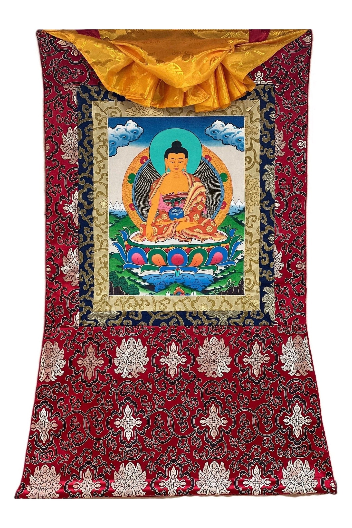 Shakyamuni Buddha/ Siddhartha Gautama Tibetan Thangka Painting/ Original Hand Painting/ Buddhist Art with Silk Frame ( Brocade) - Tibetan Thangka Art