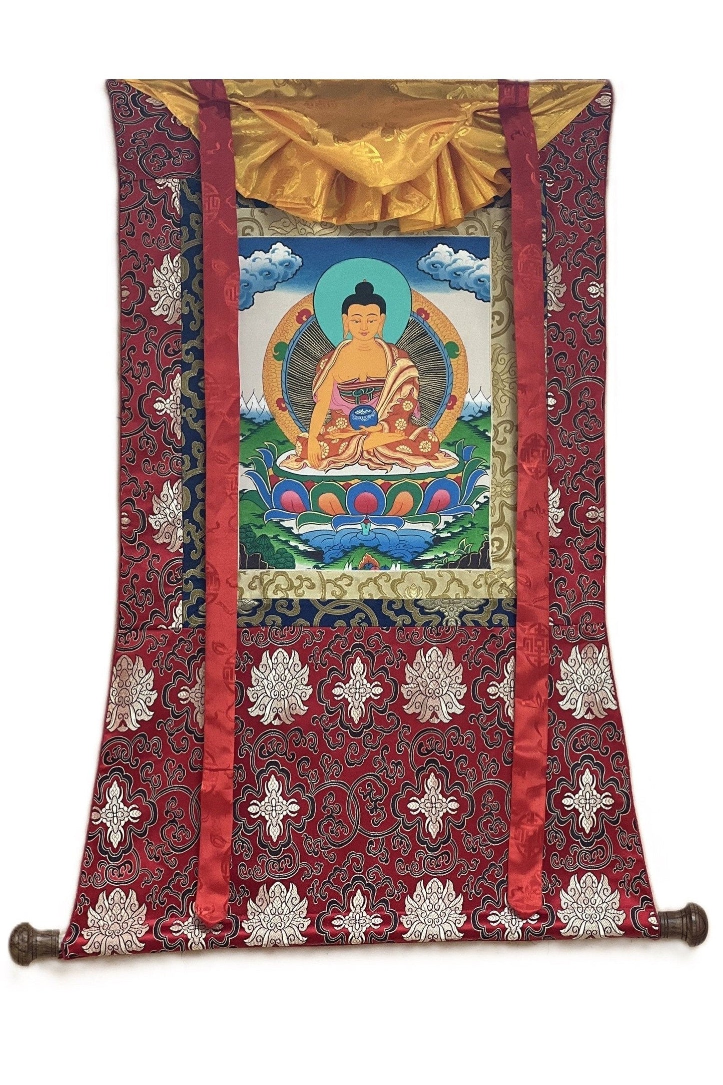 Shakyamuni Buddha/ Siddhartha Gautama Tibetan Thangka Painting/ Original Hand Painting/ Buddhist Art with Silk Frame ( Brocade) - Tibetan Thangka Art