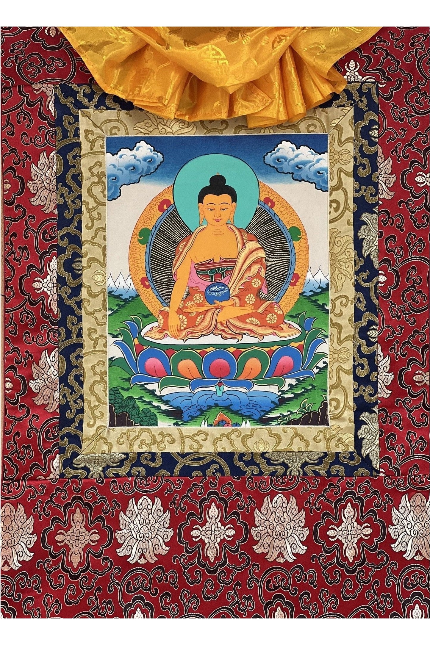 Shakyamuni Buddha/ Siddhartha Gautama Tibetan Thangka Painting/ Original Hand Painting/ Buddhist Art with Silk Frame ( Brocade) - Tibetan Thangka Art