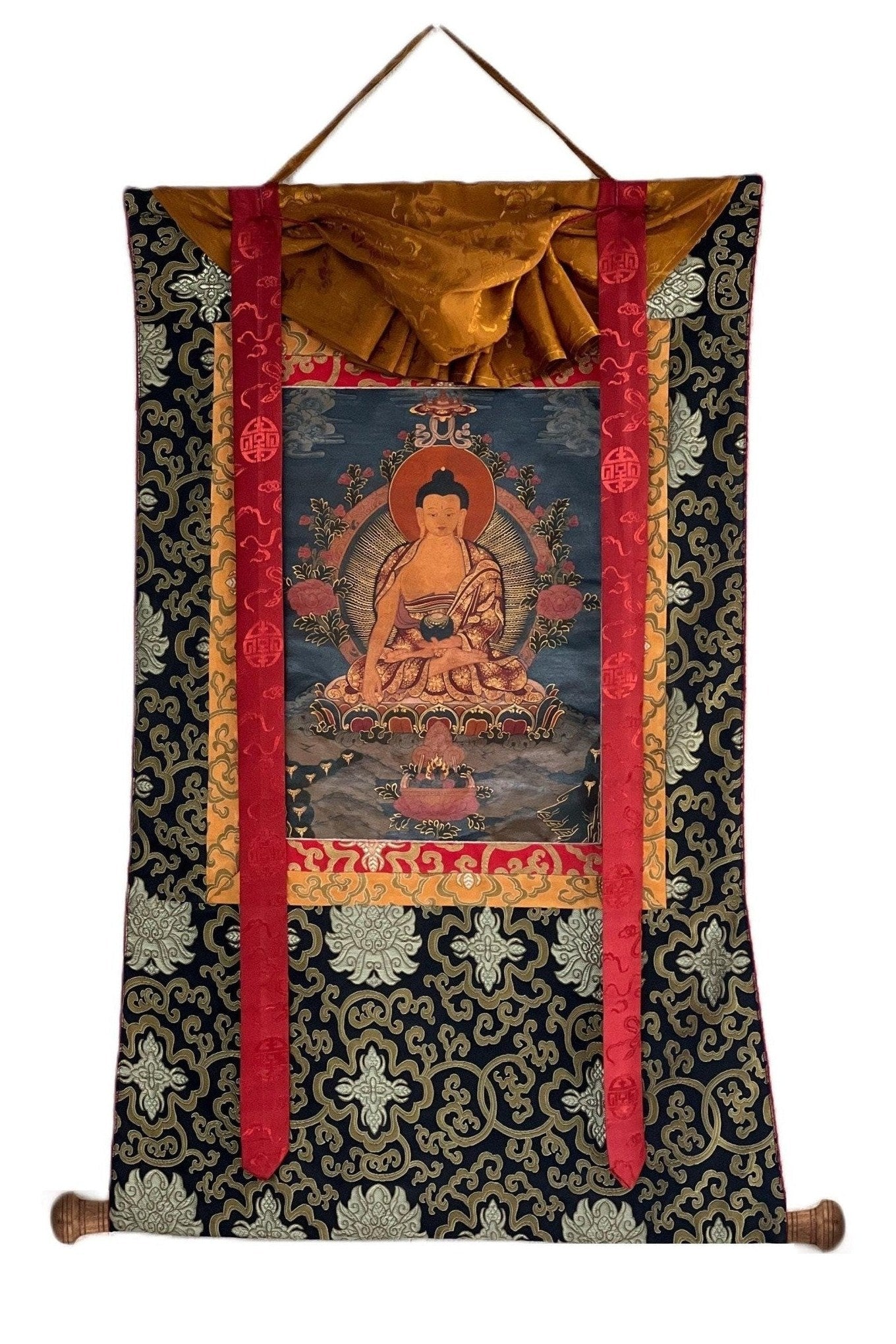 Shakyamuni Siddhartha Gautama Buddha Old Tibetan Thangka Painting Oil - Varnished Hand Painting, Buddhist Art with Silk Frame ( Brocade) - Tibetan Thangka Art