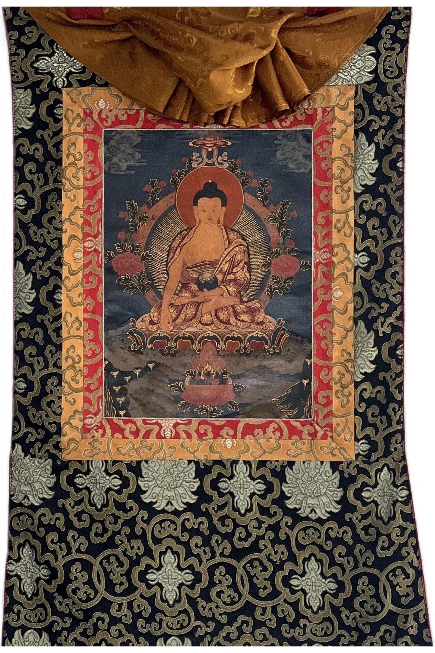 Shakyamuni Siddhartha Gautama Buddha Old Tibetan Thangka Painting Oil - Varnished Hand Painting, Buddhist Art with Silk Frame ( Brocade) - Tibetan Thangka Art