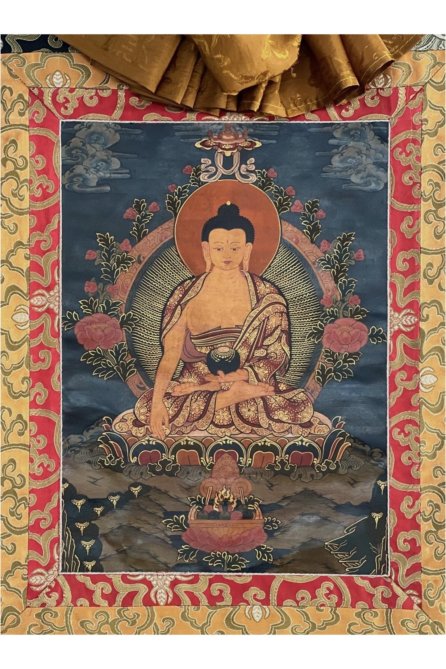 Shakyamuni Siddhartha Gautama Buddha Old Tibetan Thangka Painting Oil - Varnished Hand Painting, Buddhist Art with Silk Frame ( Brocade) - Tibetan Thangka Art