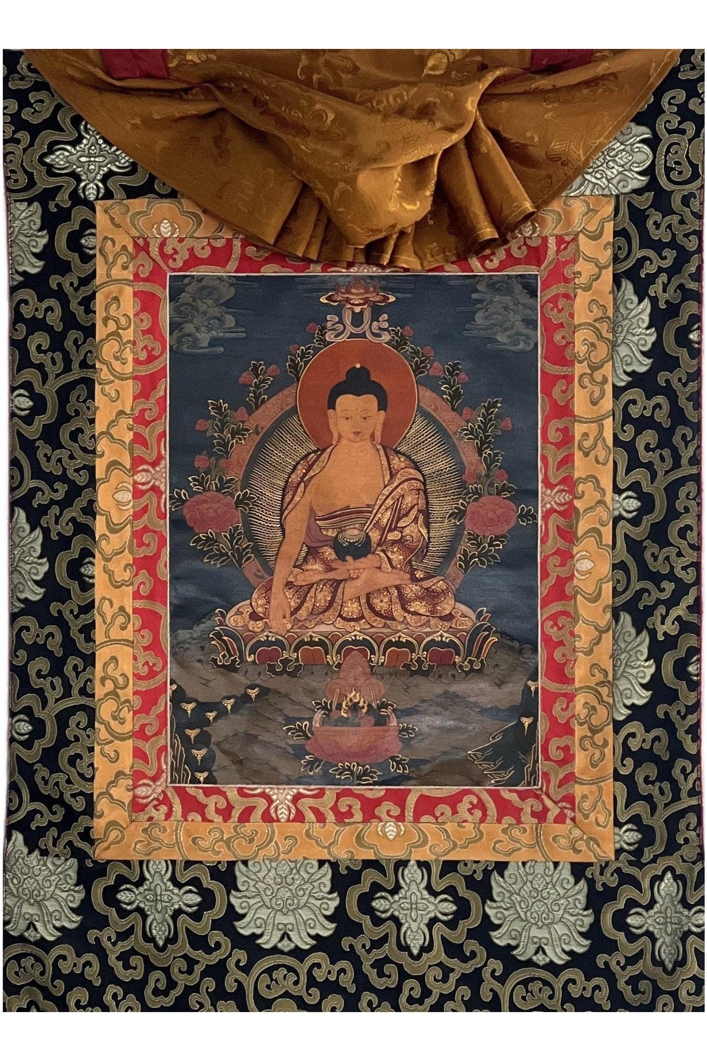 Shakyamuni Siddhartha Gautama Buddha Old Tibetan Thangka Painting Oil - Varnished Hand Painting, Buddhist Art with Silk Frame ( Brocade) - Tibetan Thangka Art