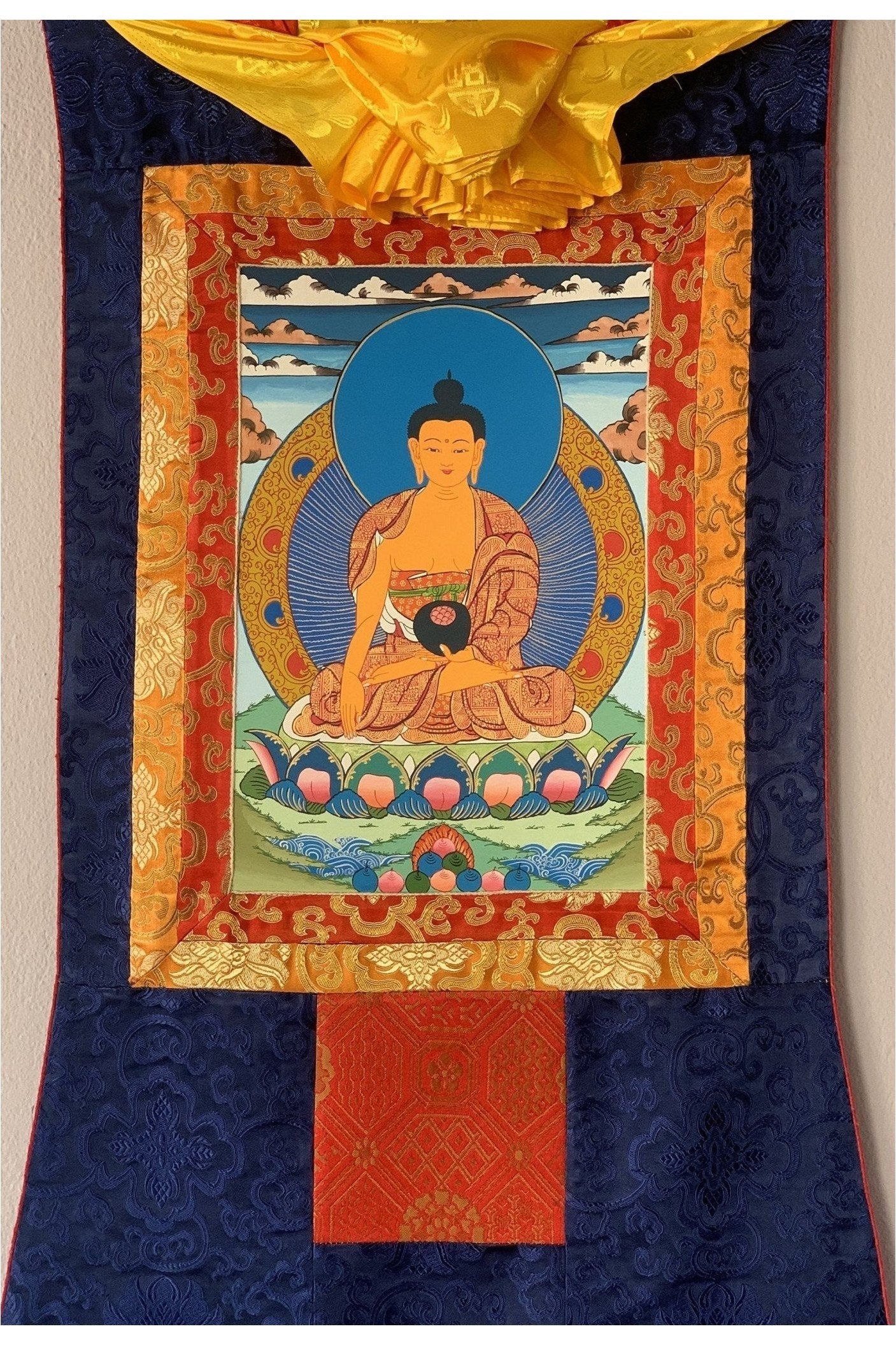 Shakyamuni, Siddhartha, Gautama, Buddha, Original Tibetan Thangka Painting, Buddhist Art with Silk Border - Tibetan Thangka Art