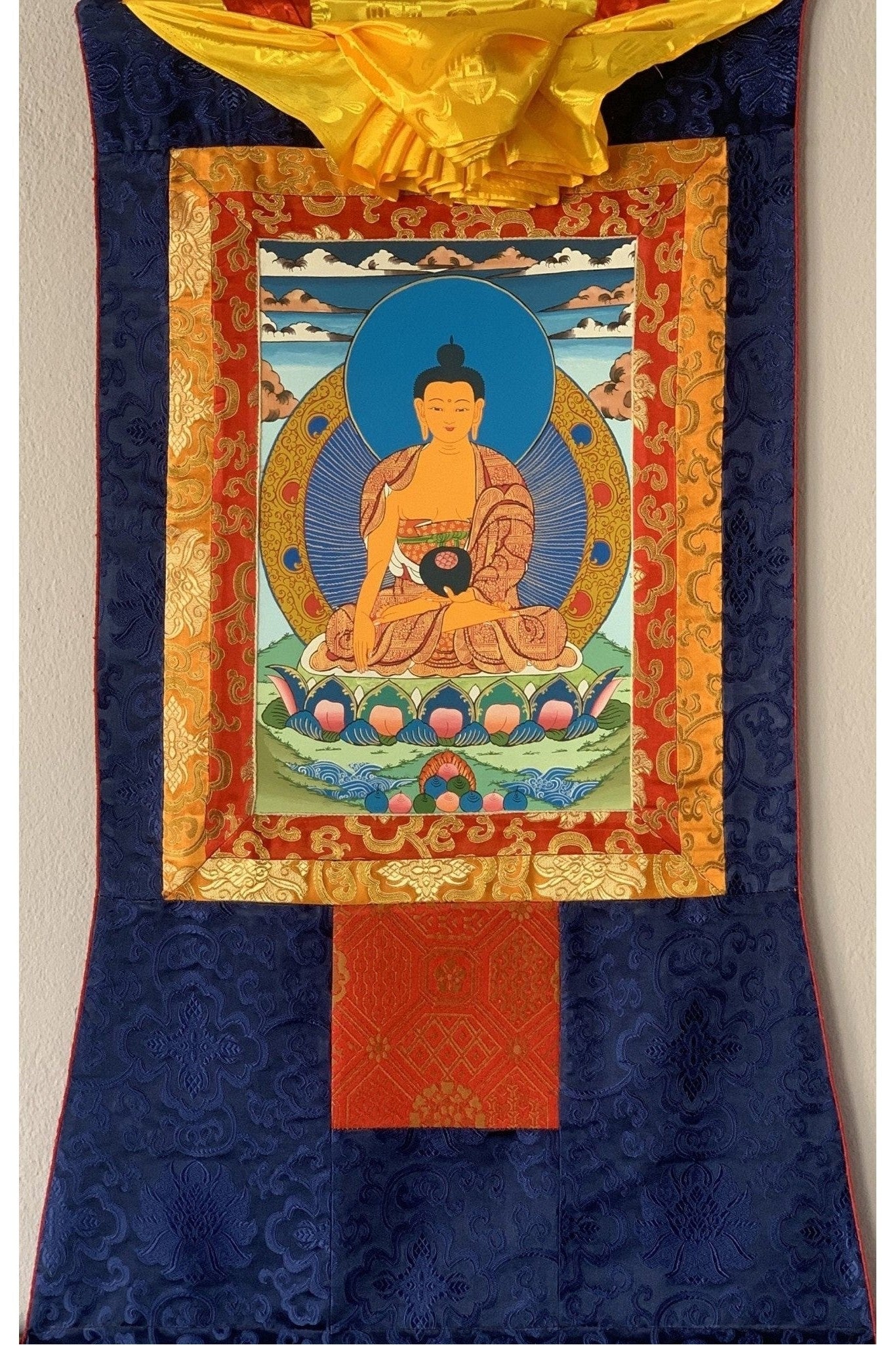 Shakyamuni, Siddhartha, Gautama, Buddha, Original Tibetan Thangka Painting, Buddhist Art with Silk Border - Tibetan Thangka Art