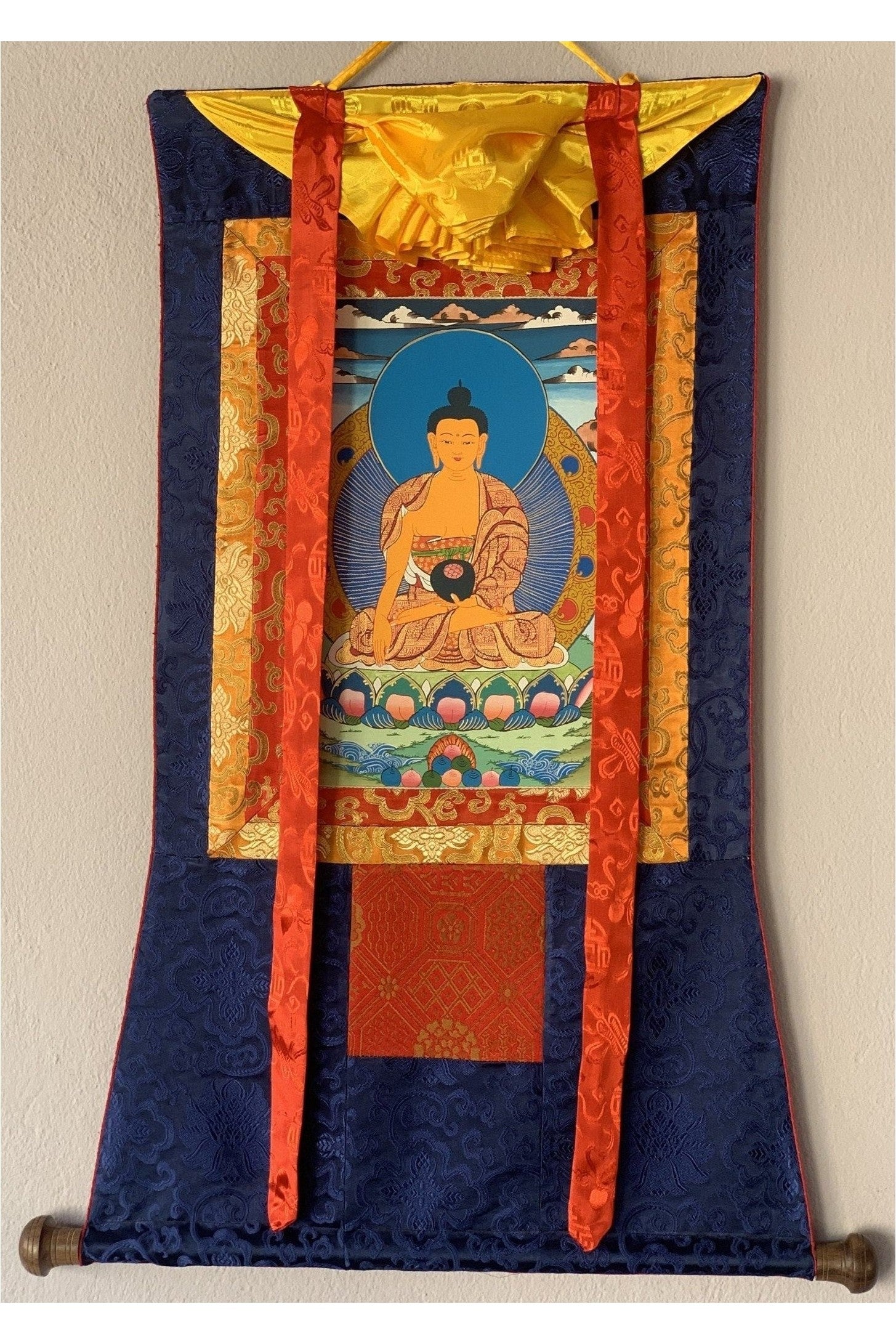 Shakyamuni, Siddhartha, Gautama, Buddha, Original Tibetan Thangka Painting, Buddhist Art with Silk Border - Tibetan Thangka Art