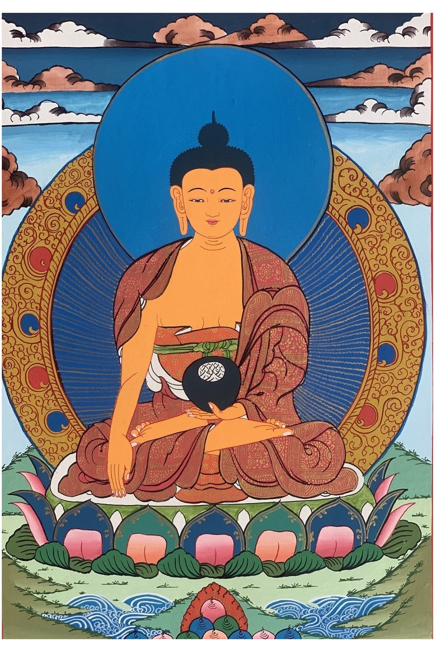 Shakyamuni, Siddhartha, Gautama, Buddha, Original Tibetan Thangka Painting, Buddhist Art with Silk Border - Tibetan Thangka Art