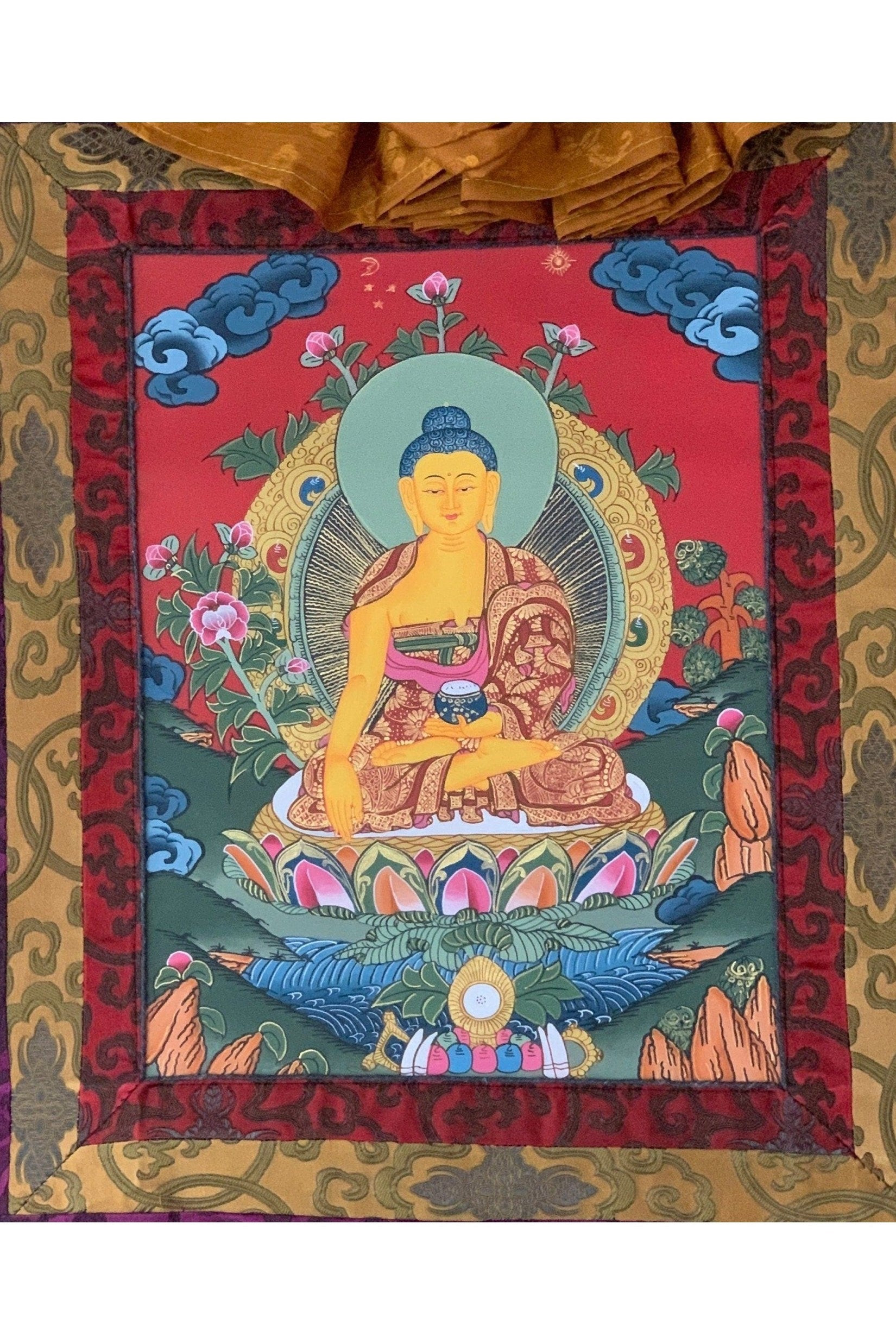 Shakyamuni, Siddhartha, Gautama, Buddha Tibetan Thangka Painting, Original Art with Silk Brocade - Tibetan Thangka Art