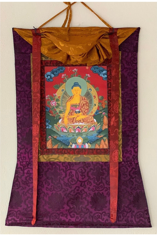 Shakyamuni, Siddhartha, Gautama, Buddha Tibetan Thangka Painting, Original Art with Silk Brocade - Tibetan Thangka Art