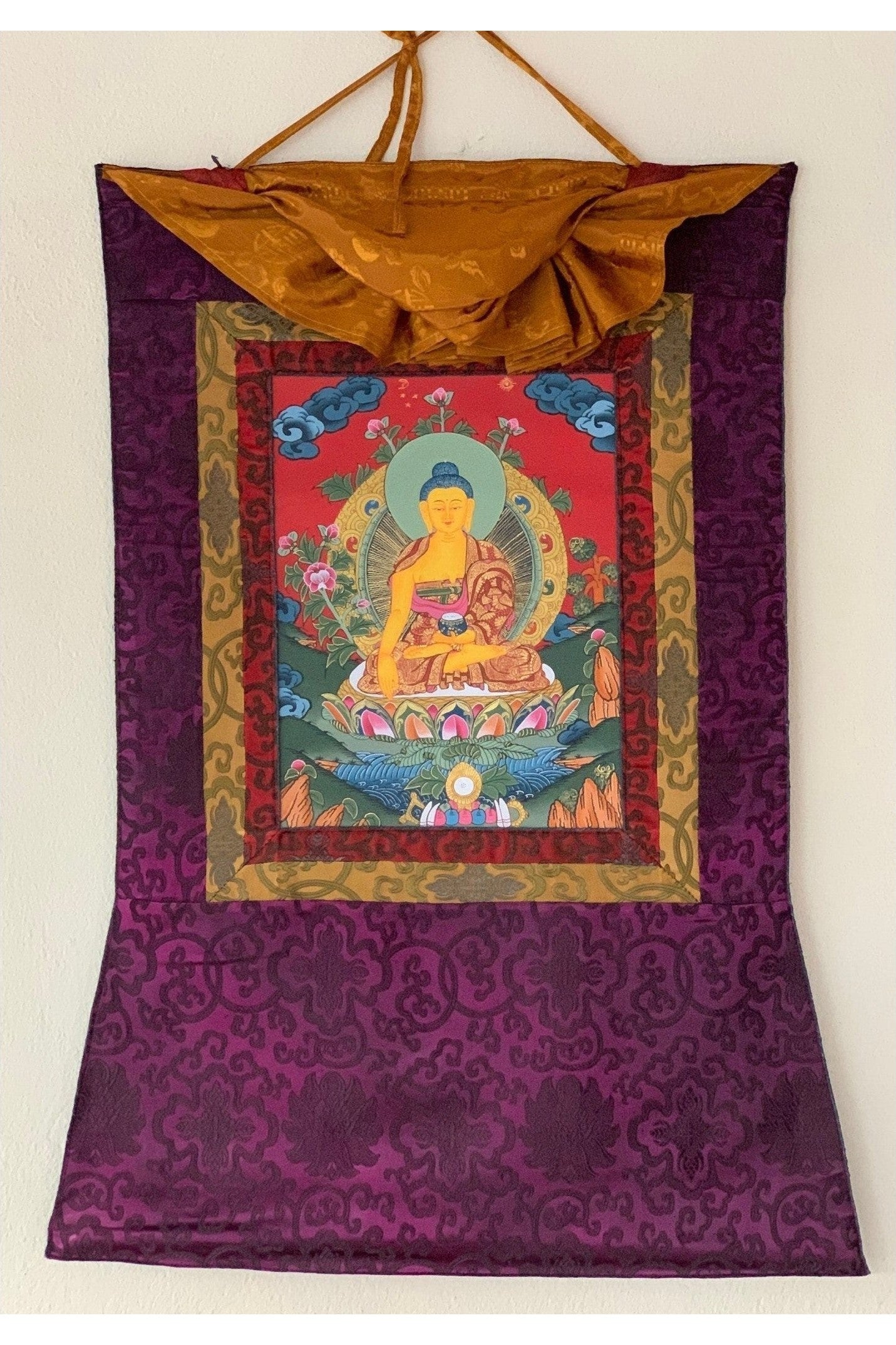 Shakyamuni, Siddhartha, Gautama, Buddha Tibetan Thangka Painting, Original Art with Silk Brocade - Tibetan Thangka Art