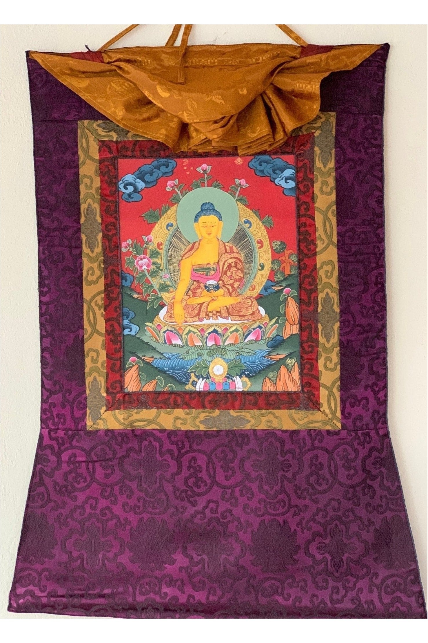 Shakyamuni, Siddhartha, Gautama, Buddha Tibetan Thangka Painting, Original Art with Silk Brocade - Tibetan Thangka Art