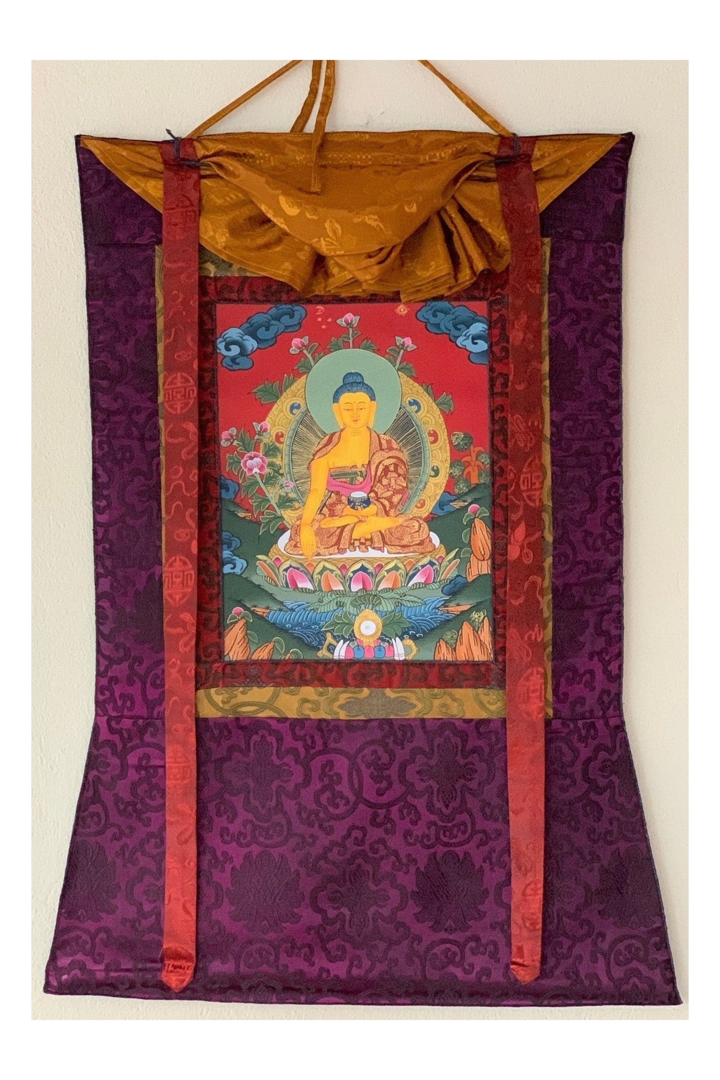 Shakyamuni, Siddhartha, Gautama, Buddha Tibetan Thangka Painting, Original Art with Silk Brocade - Tibetan Thangka Art