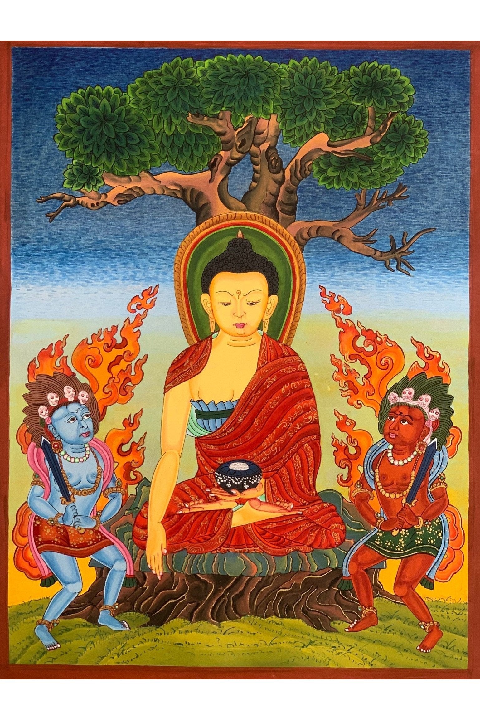 Shakyamuni, Siddhartha, Gautama, Buddha, Under Bodhi Tree, Tibetan Thangka Painting, Original Art 14x19 Inch - Tibetan Thangka Art