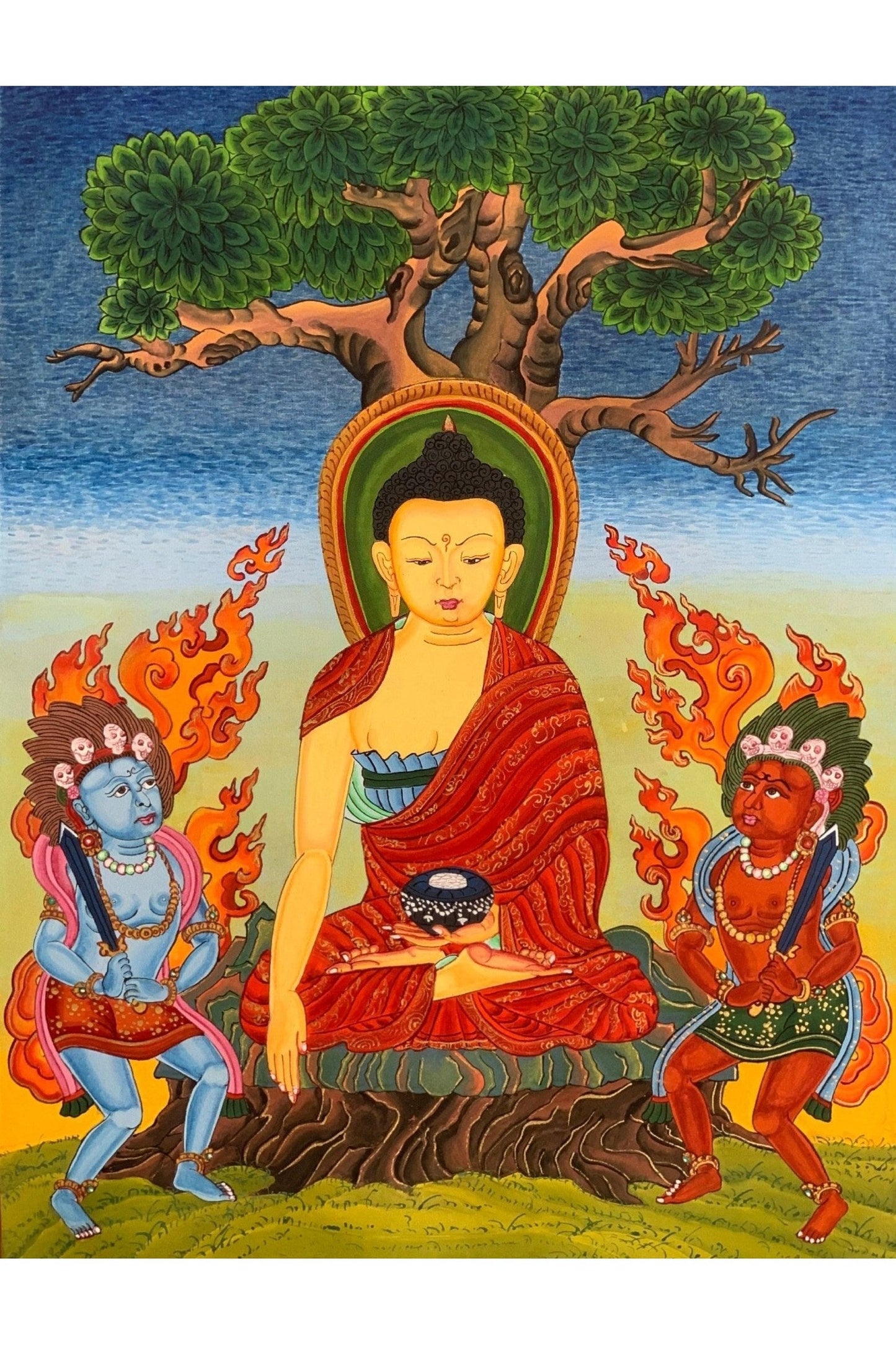 Shakyamuni, Siddhartha, Gautama, Buddha, Under Bodhi Tree, Tibetan Thangka Painting, Original Art 14x19 Inch - Tibetan Thangka Art